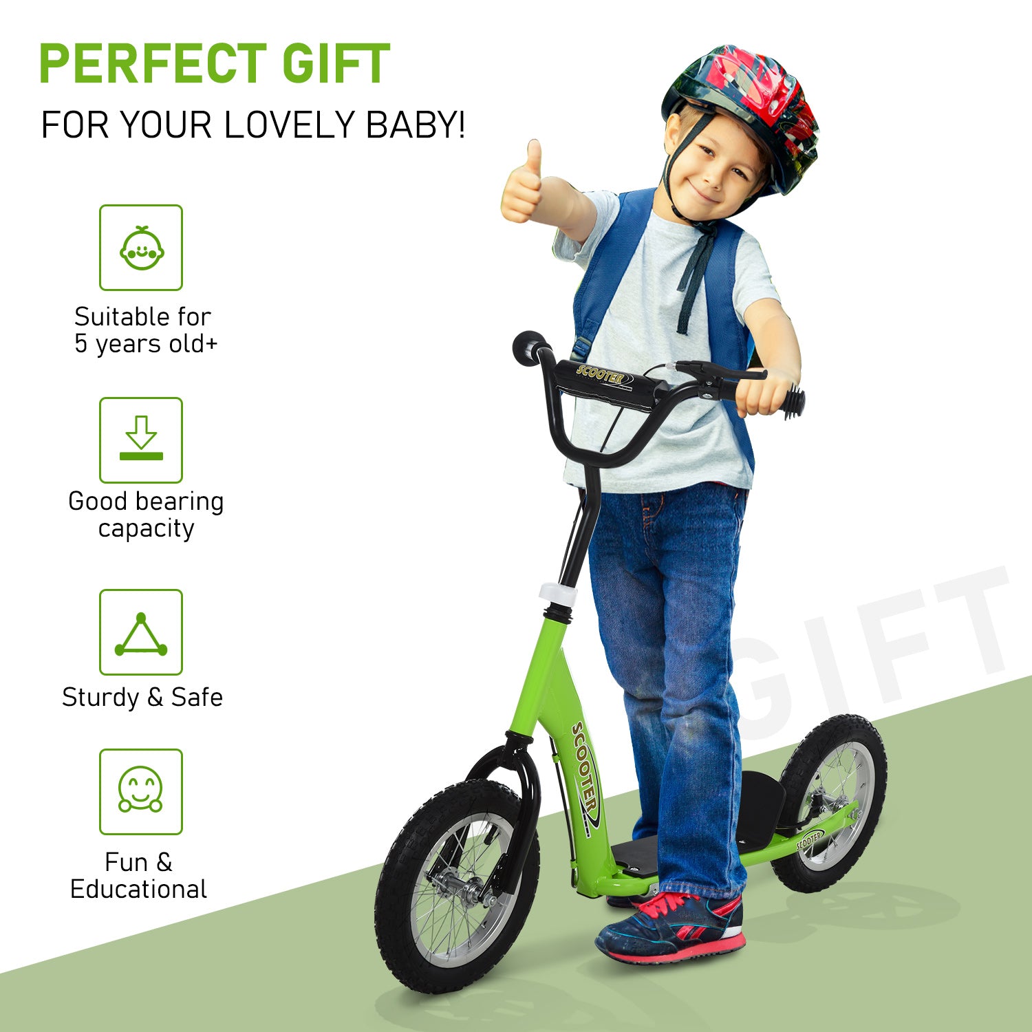 HOMCOM Teen Kids Stunt Scooter w/ Adjustable Handlebar, 12 Inch Rubber Tyres, Dual Brakes, Green