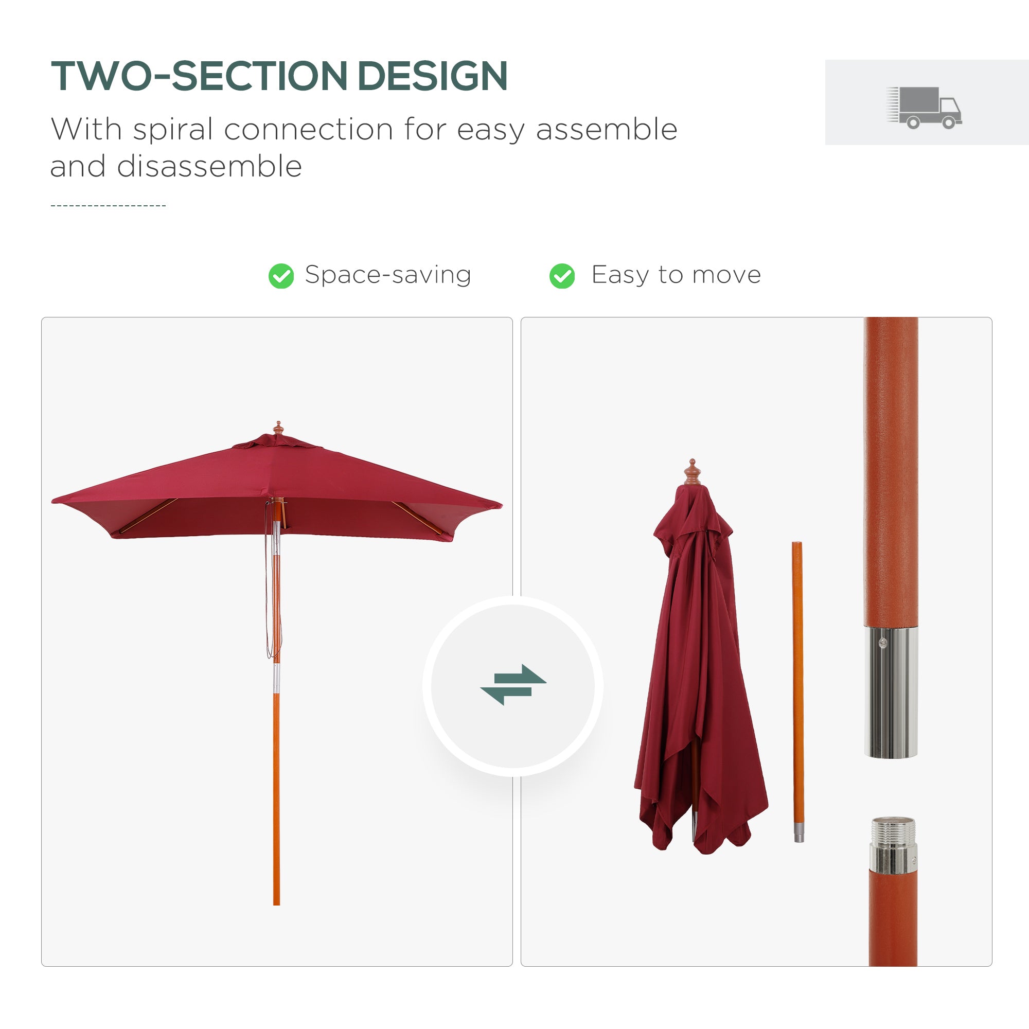Outsunny 2m x 1.5m Garden Parasol Umbrella with Tilting Sunshade Canopy, Outdoor Market Table Umbrella with Wood and Bamboo Frame, Wine Red - North Peak Garden Furniture