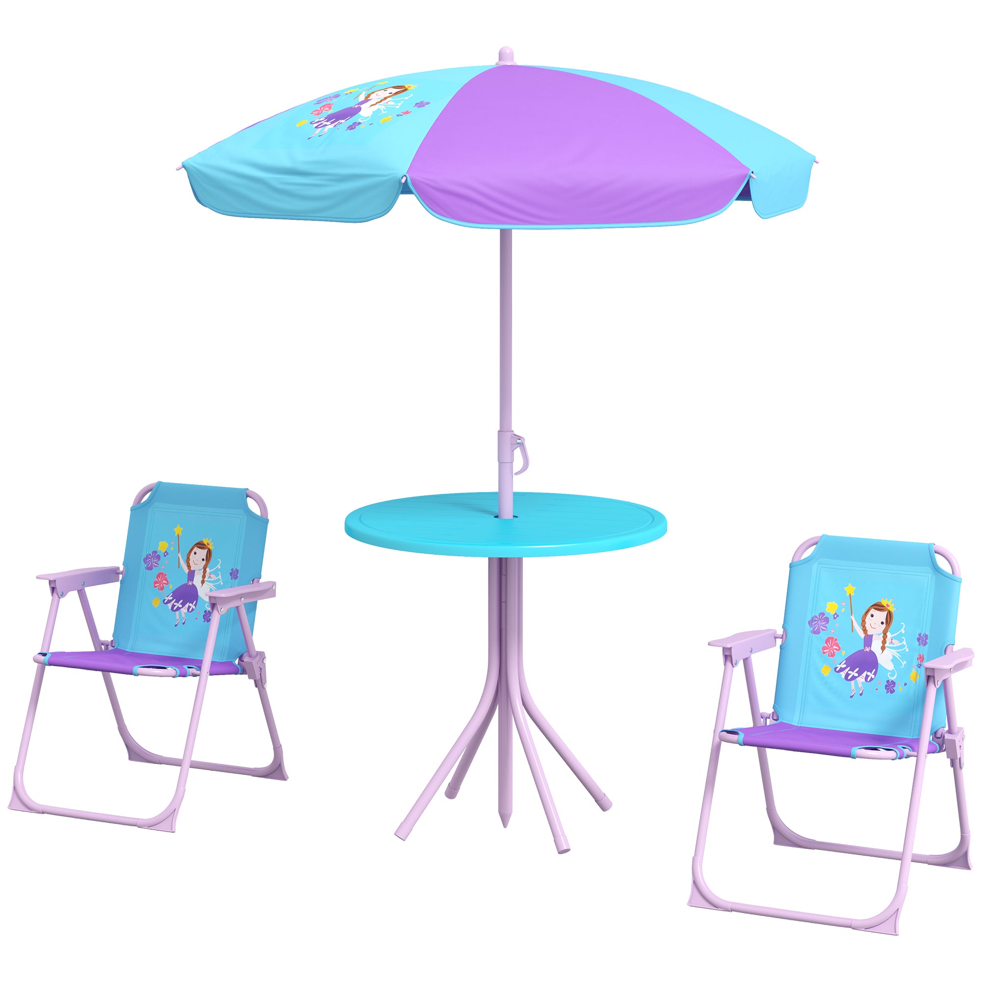 Outsunny Kids Picnic Table and Chair Set, Fairy Themed Outdoor Garden Furniture w/ Foldable Chairs, Adjustable Parasol