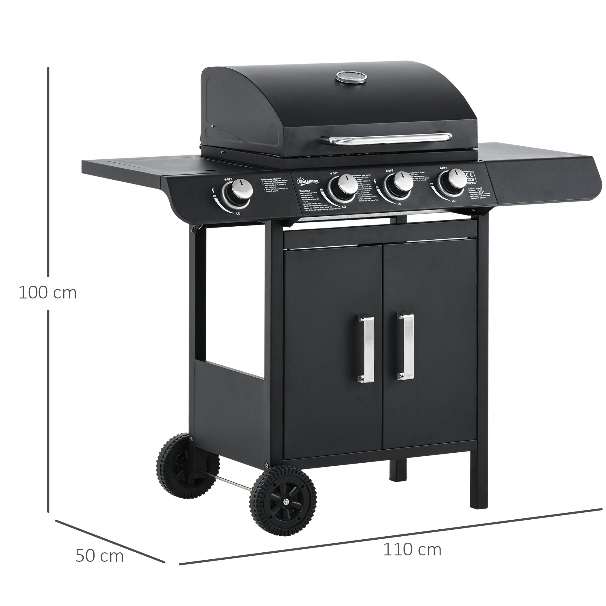 Outsunny Gas Burner Barbecue Grill 3+1 Burner Garden BBQ Trolley w/ Side Burner Warming Rack Side Shelves Storage Cabinet Piezo Ignition Thermometer 110x50x100cm - North Peak Garden Furniture