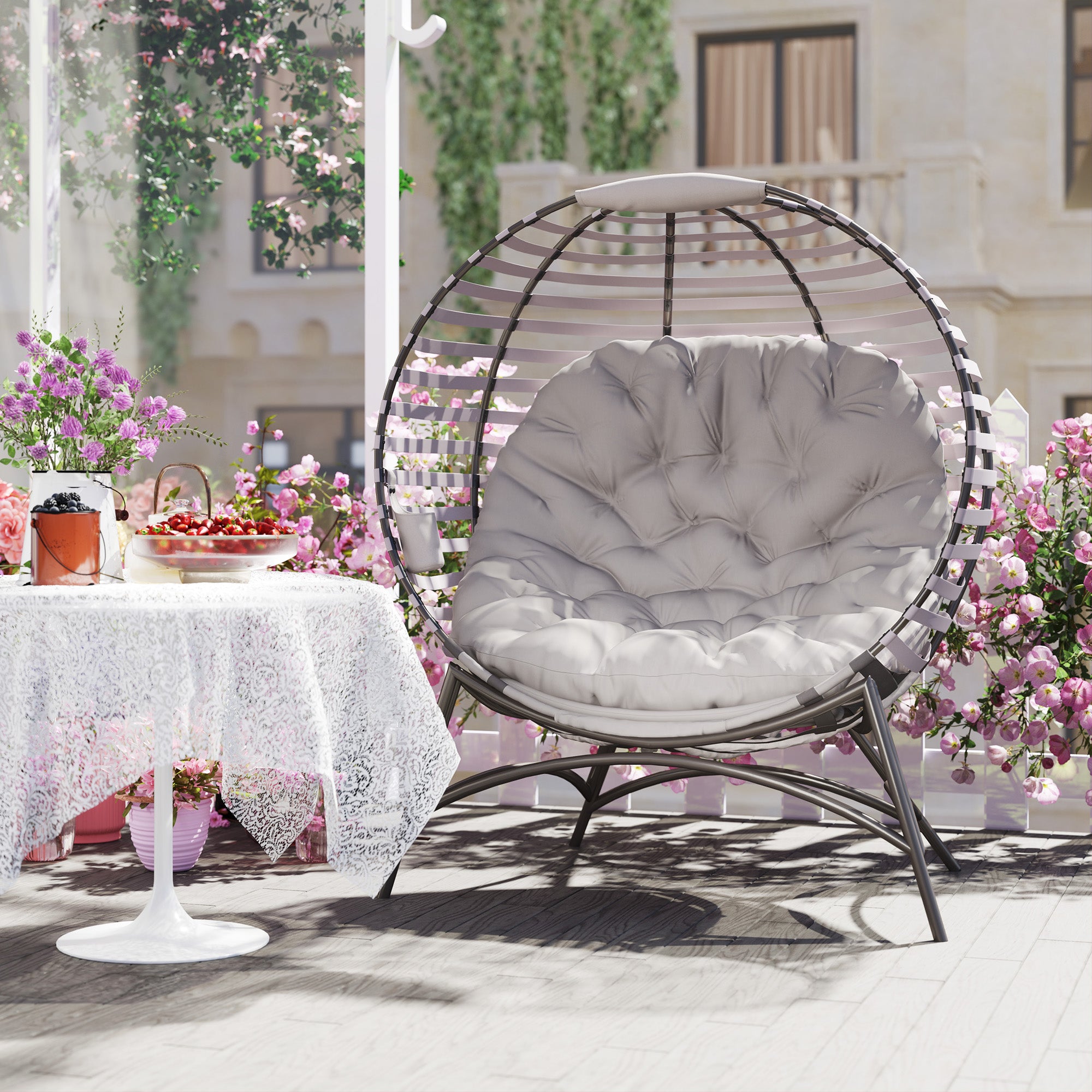 Outsunny Egg Chair with Cushion & Side Pocket - Light Grey - North Peak Garden Furniture