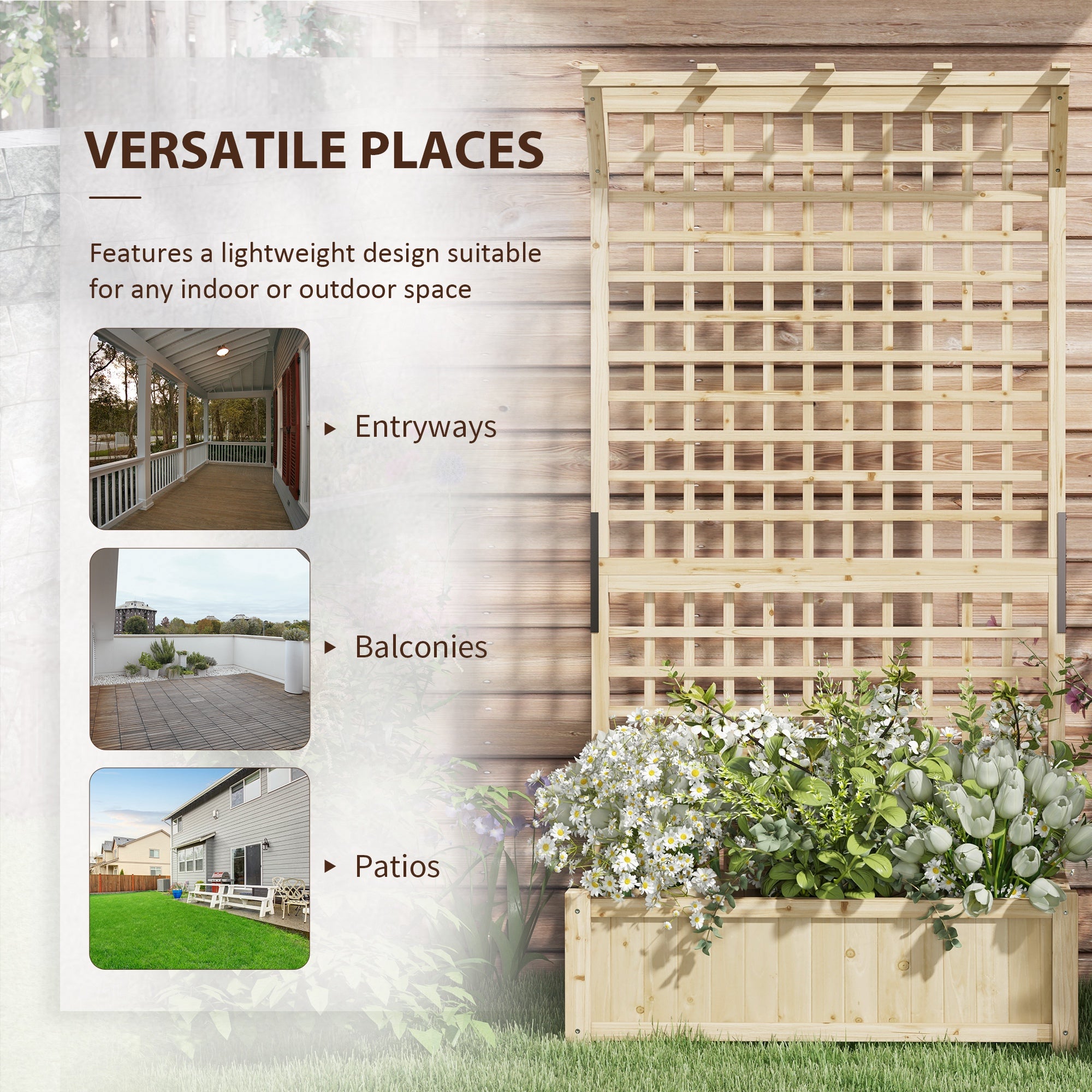 Outsunny Raised Bed with Drainage Holes, Wood Planter with Trellis for Climbing Plants to Grow Vegetables, Flowers, Natural