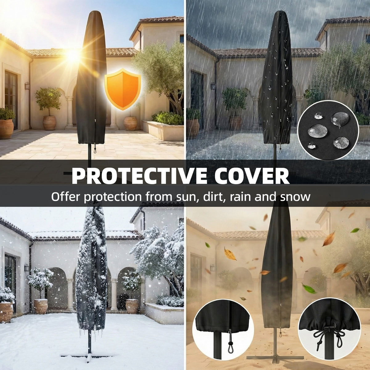 Outsunny 3 x 3 m Garden Cantilever Parasol with Light, Umbrella with Wind Protection, 360° Rotation, Khaki