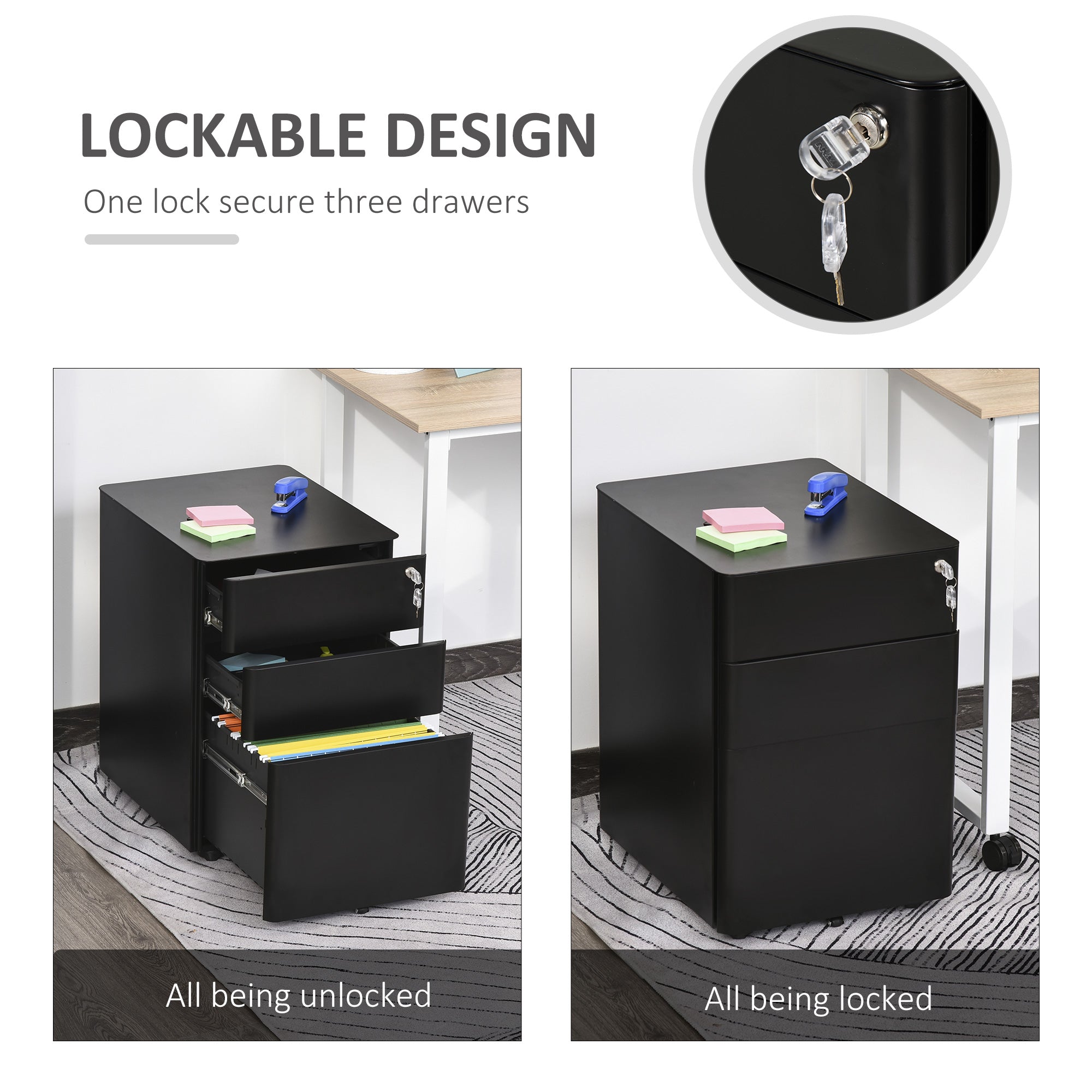 Vinsetto Lockable Cabinet, Rolling Filing Cabinet with 3 Drawers, Steel Office Drawer Unit for A4, Letter, Legal Sized Files - North Peak Garden Furniture