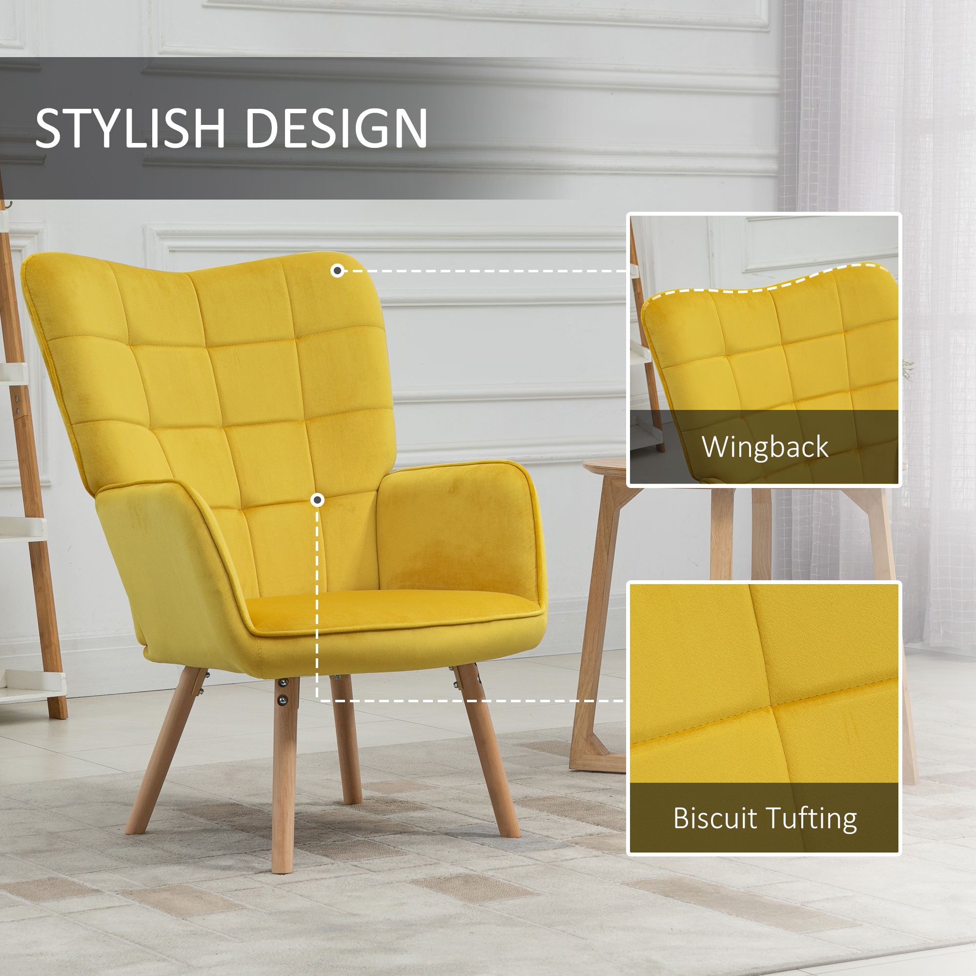 HOMCOM Modern Accent Chair Velvet-Touch Tufted Wingback Armchair Upholstered Leisure Lounge Sofa Club Chair with Wood Legs, Yellow - North Peak Garden Furniture
