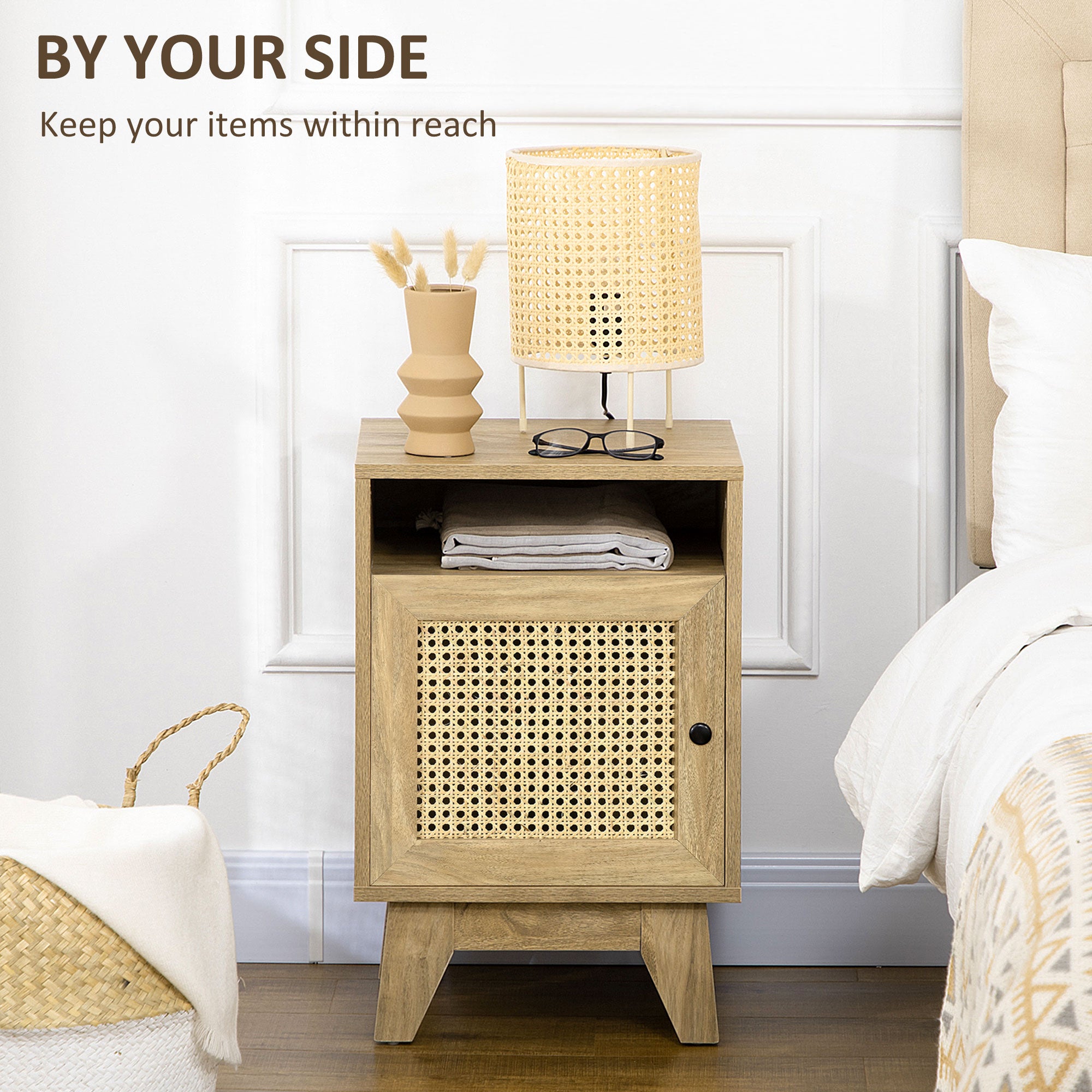 HOMCOM Bedside Table with Rattan Element, Side End Table with Shelf and Cupboard, 39cmx35cmx60cm, Natural - North Peak Garden Furniture