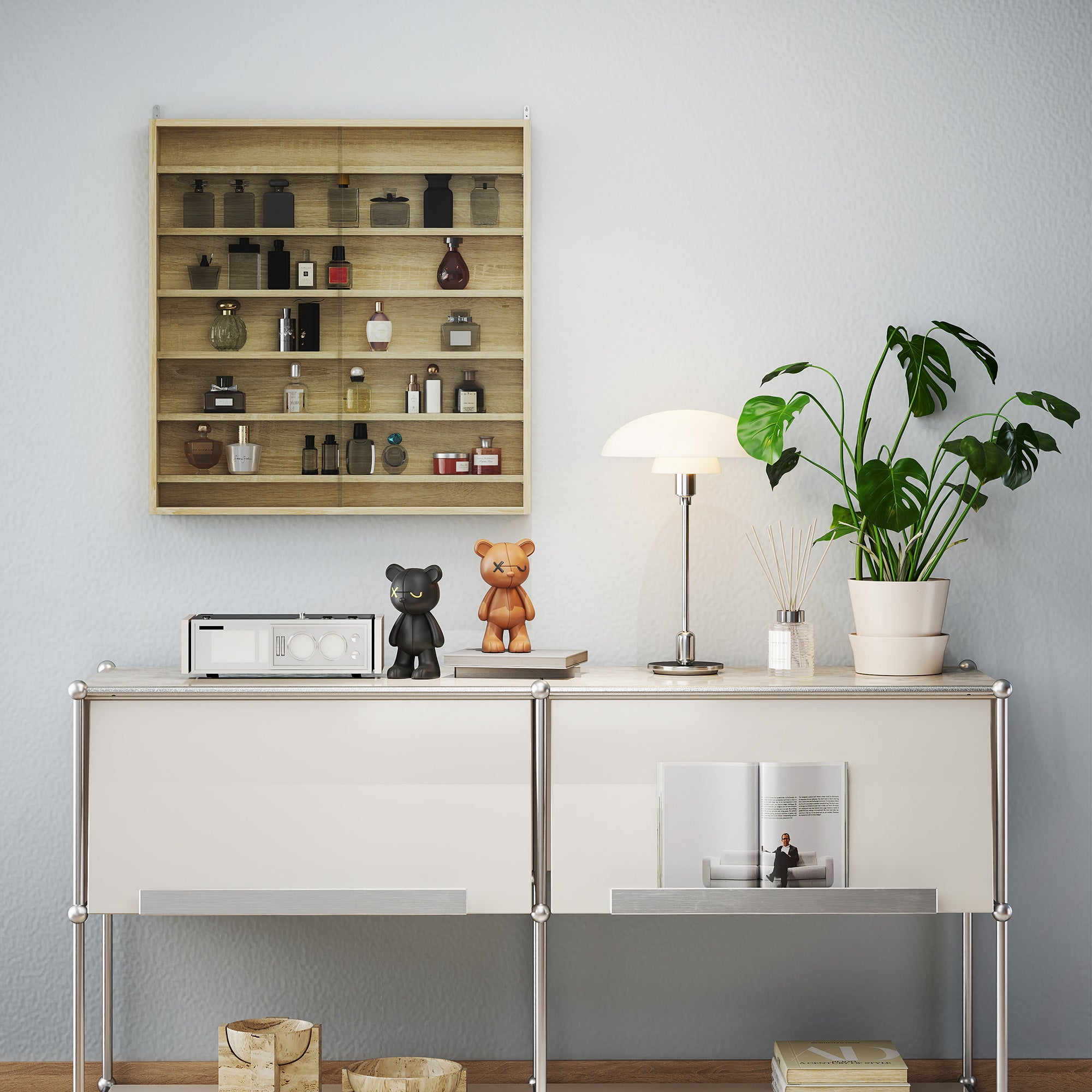HOMCOM Six Shelf Display Cabinet, with Glass Doors - Oak - North Peak Garden Furniture