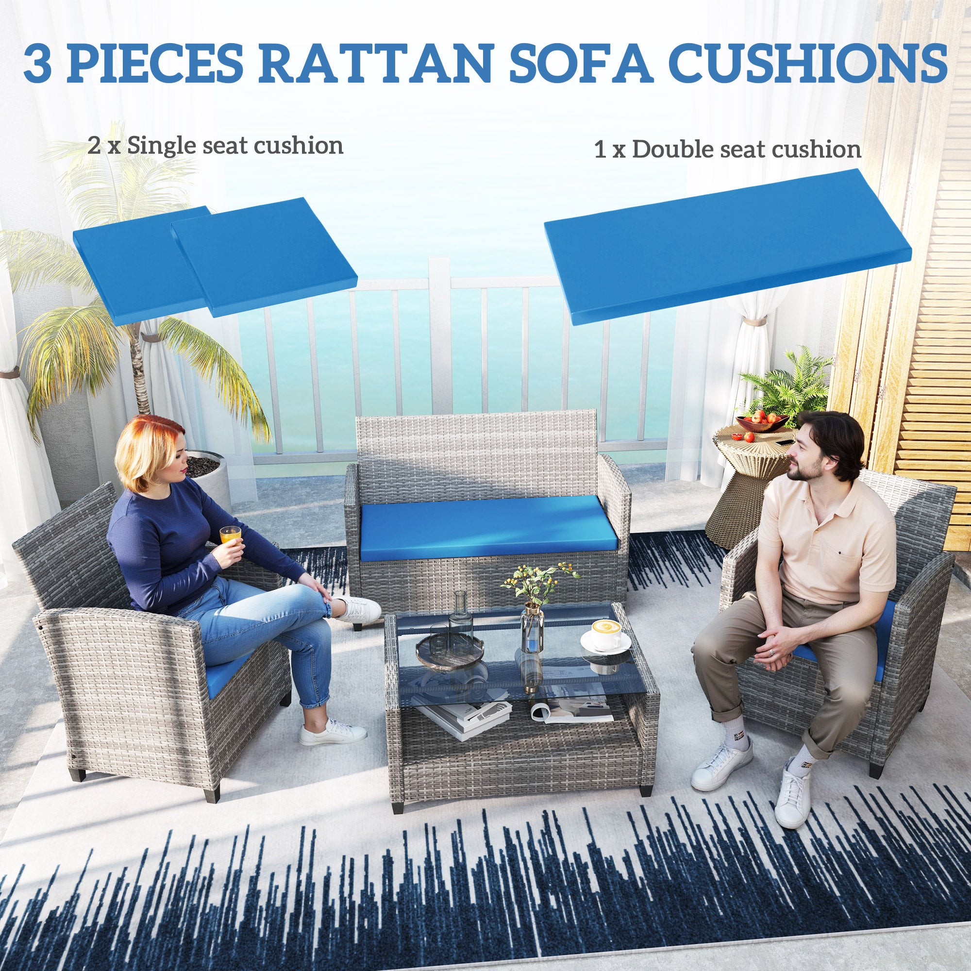 Outsunny Outdoor Seat Cushion Pads for Rattan Furniture, 3 PCs Garden Furniture Cushions, Sky Blue - North Peak Garden Furniture