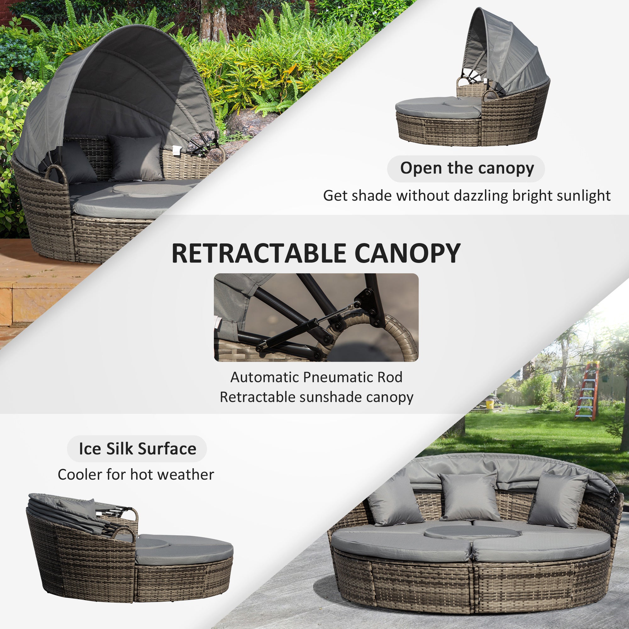 Outsunny Outdoor PE Rattan Garden Furniture with Cushioned, Patio Wicker Conversation Furniture Set, Round Daybed with Retractable Canopy, Coffee Table and Three Pillows, Dark Grey - North Peak Garden Furniture