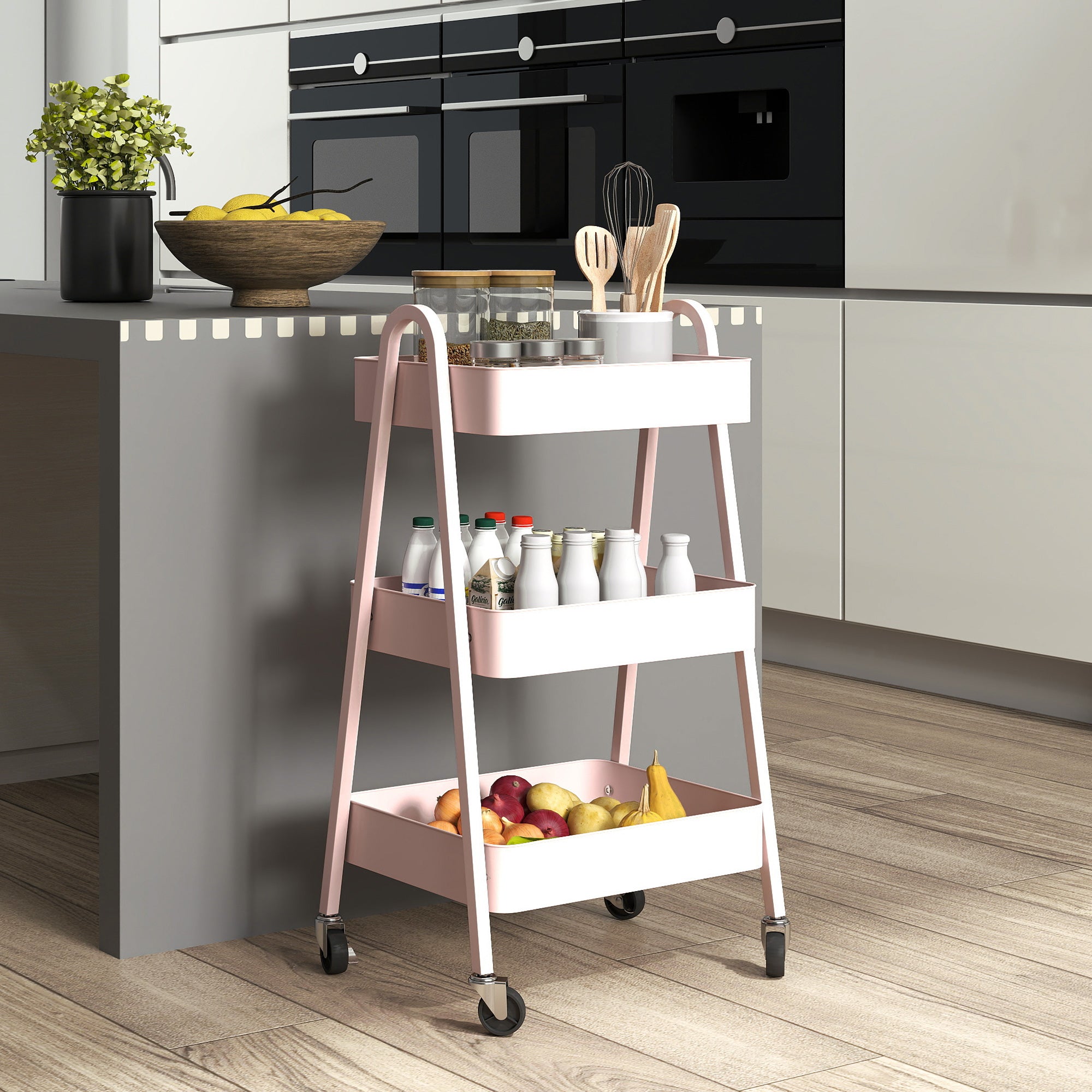 HOMCOM Three-Tier Storage Trolley - Pink - North Peak Garden Furniture