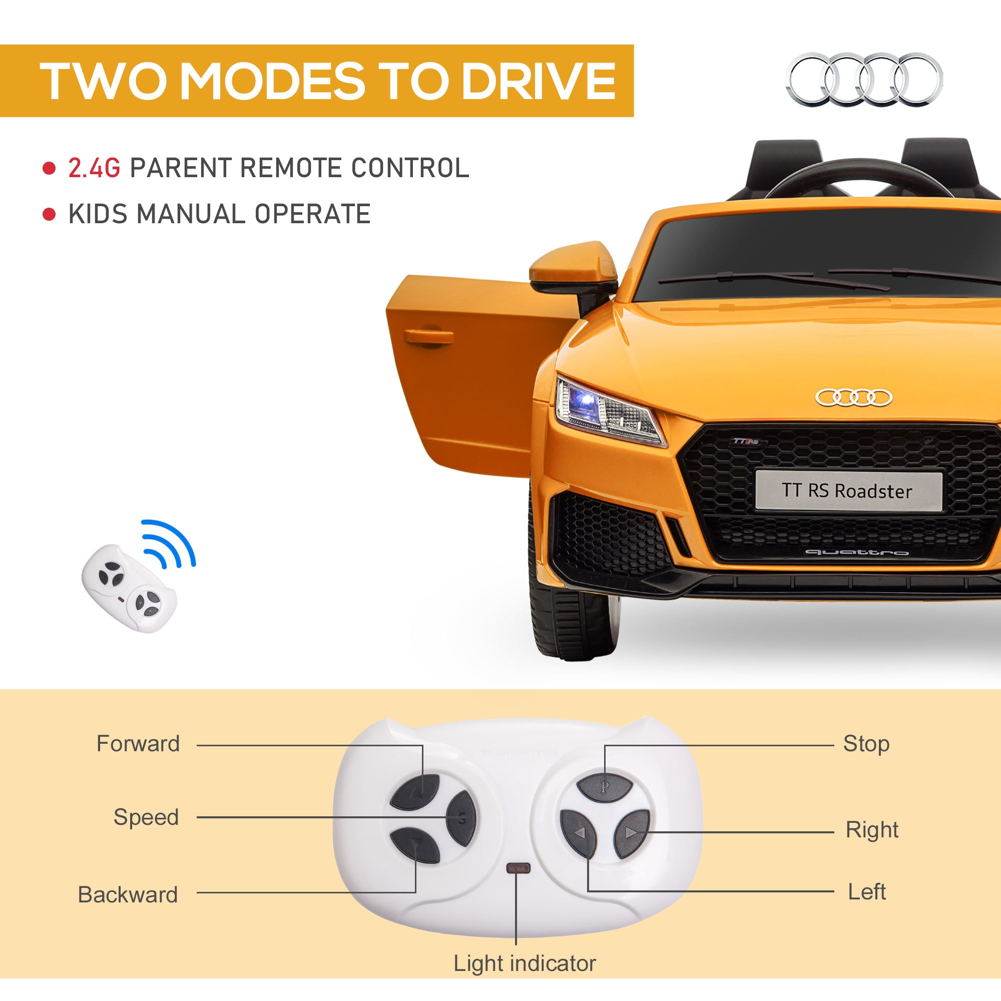 HOMCOM Kids Licensed Audi TT RS Ride-On Car 12V Battery w/ Remote Suspension Headlights and MP3 Player 3km/h Yellow - North Peak Garden Furniture