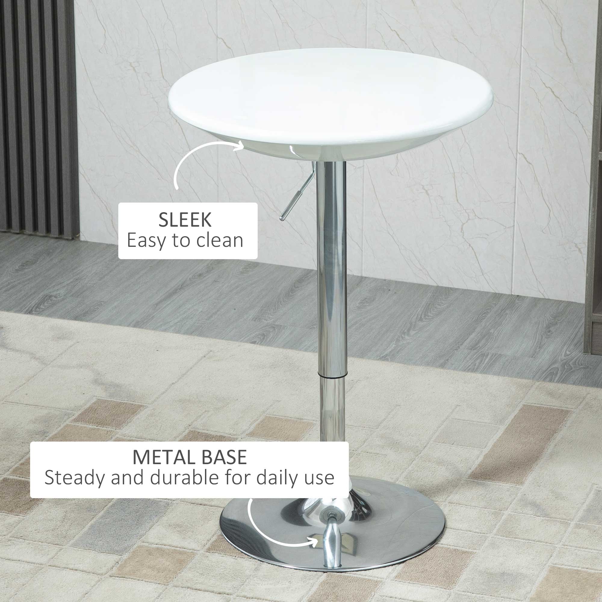 HOMCOM Modern Round Bar Table Adjustable Height Home Pub Bistro Desk Swivel Painted Top with Silver Steel Leg and Base, White - North Peak Garden Furniture