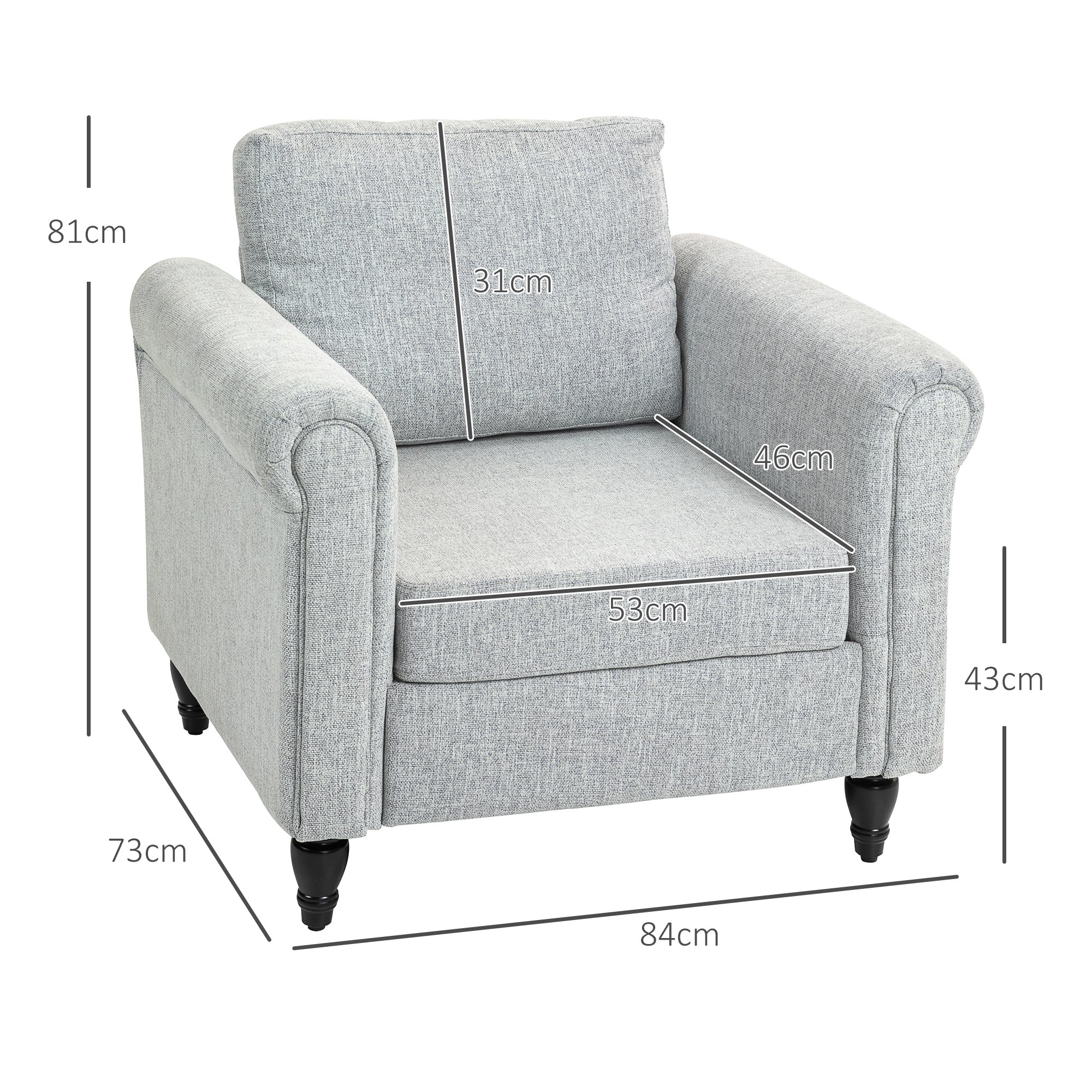 HOMCOM Vintage Accent Chair, Upholstered Occasional Chair with Back Pillow, Rolled Arms, Rubber Wood Legs, Light Grey - North Peak Garden Furniture