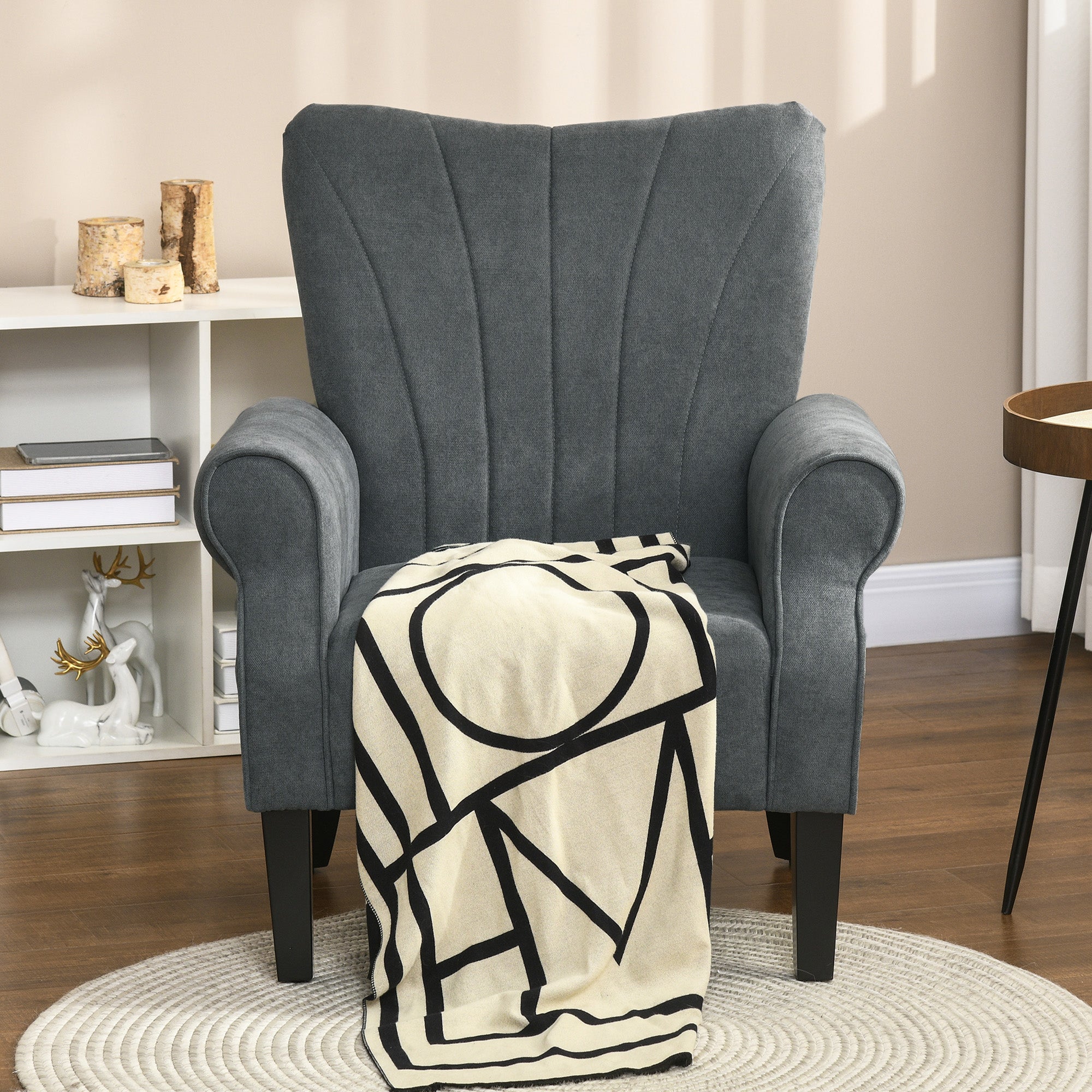 HOMCOM Upholstered Accent Chair with High Back, Rolled Arms and Wood Legs, Soft Thick Padded Armchair, Grey - North Peak Garden Furniture