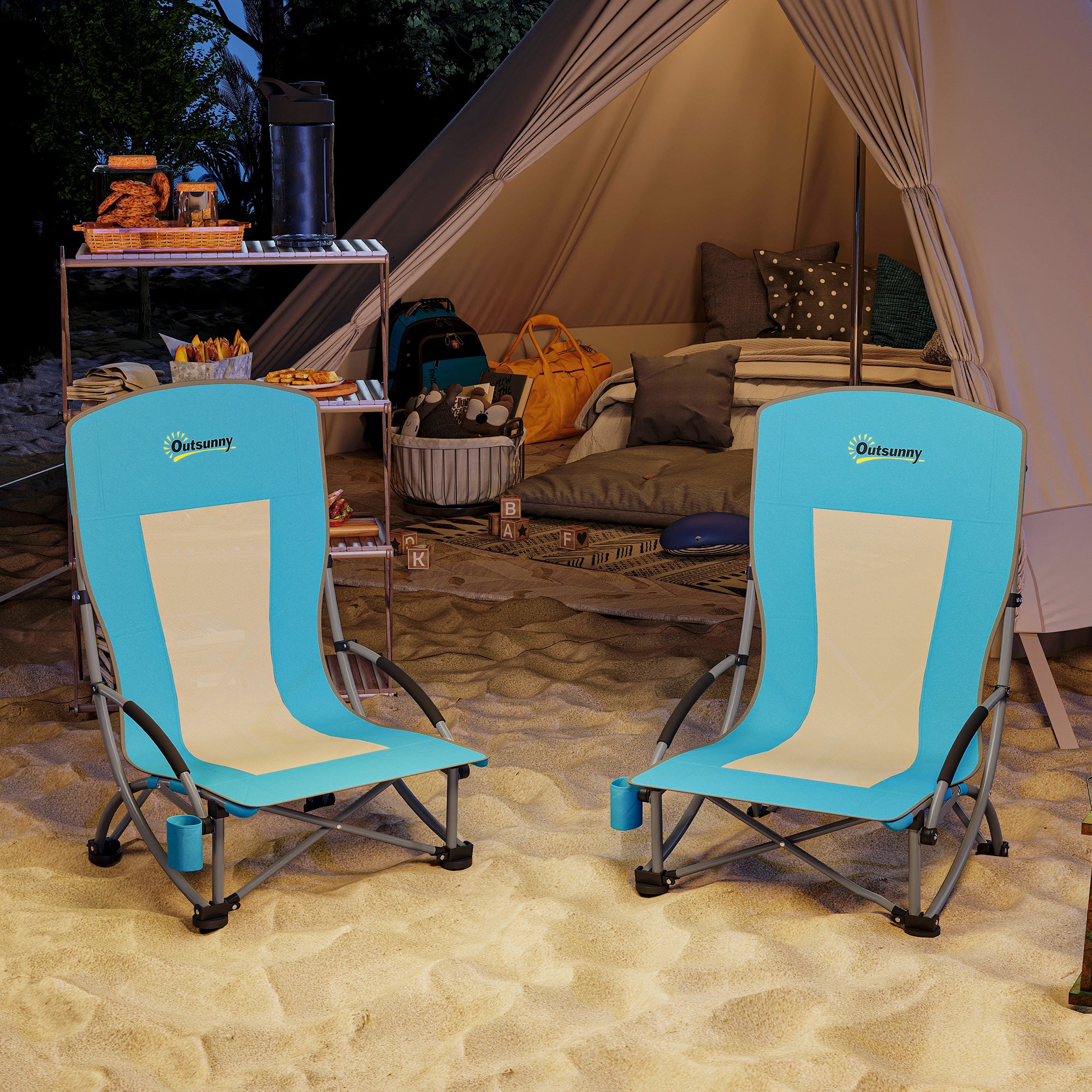 Outsunny Set of 2 Folding Beach Chair, Low Camping Chair with Mesh Back, Carry Bag and Cup Holder for Garden Outdoor Picnic Festival Travel, Blue - North Peak Garden Furniture