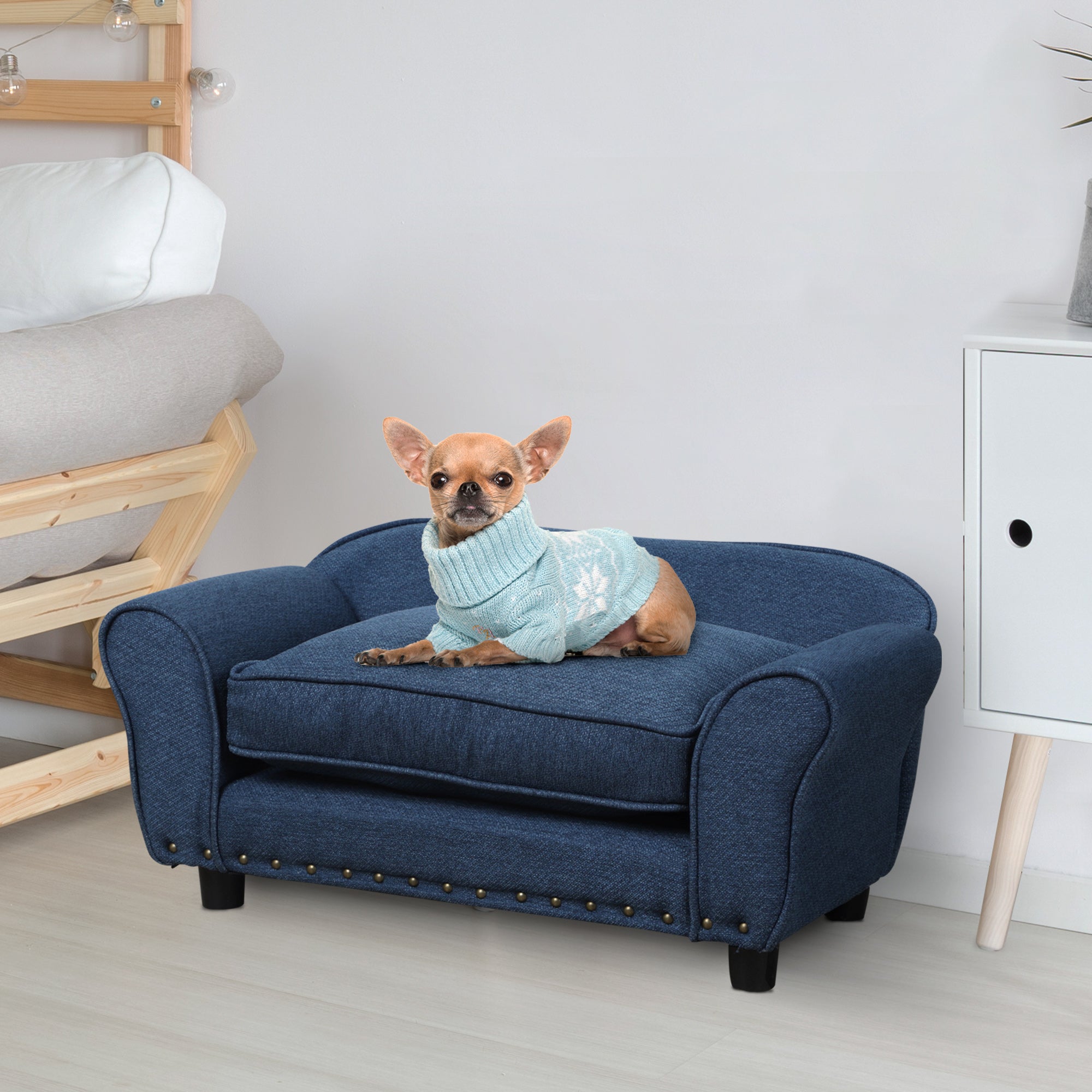 PawHut Dog Sofa for XS and S Size Dogs, Pet Chair Couch with Thick Sponge Padded Cushion, Kitten Lounge Bed with Washable Cover, Wooden Frame - Blue - North Peak Garden Furniture