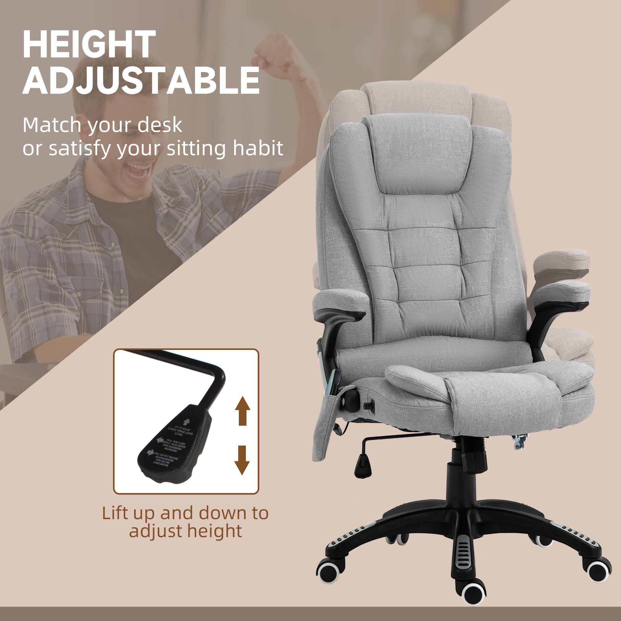 Vinsetto Office Chair, Ergonomic Desk Chair with 6-Point Massage and Back Heated, Linen-Feel Fabric Computer Gaming Chair with Arms, Lumbar Support, Light Grey - North Peak Garden Furniture