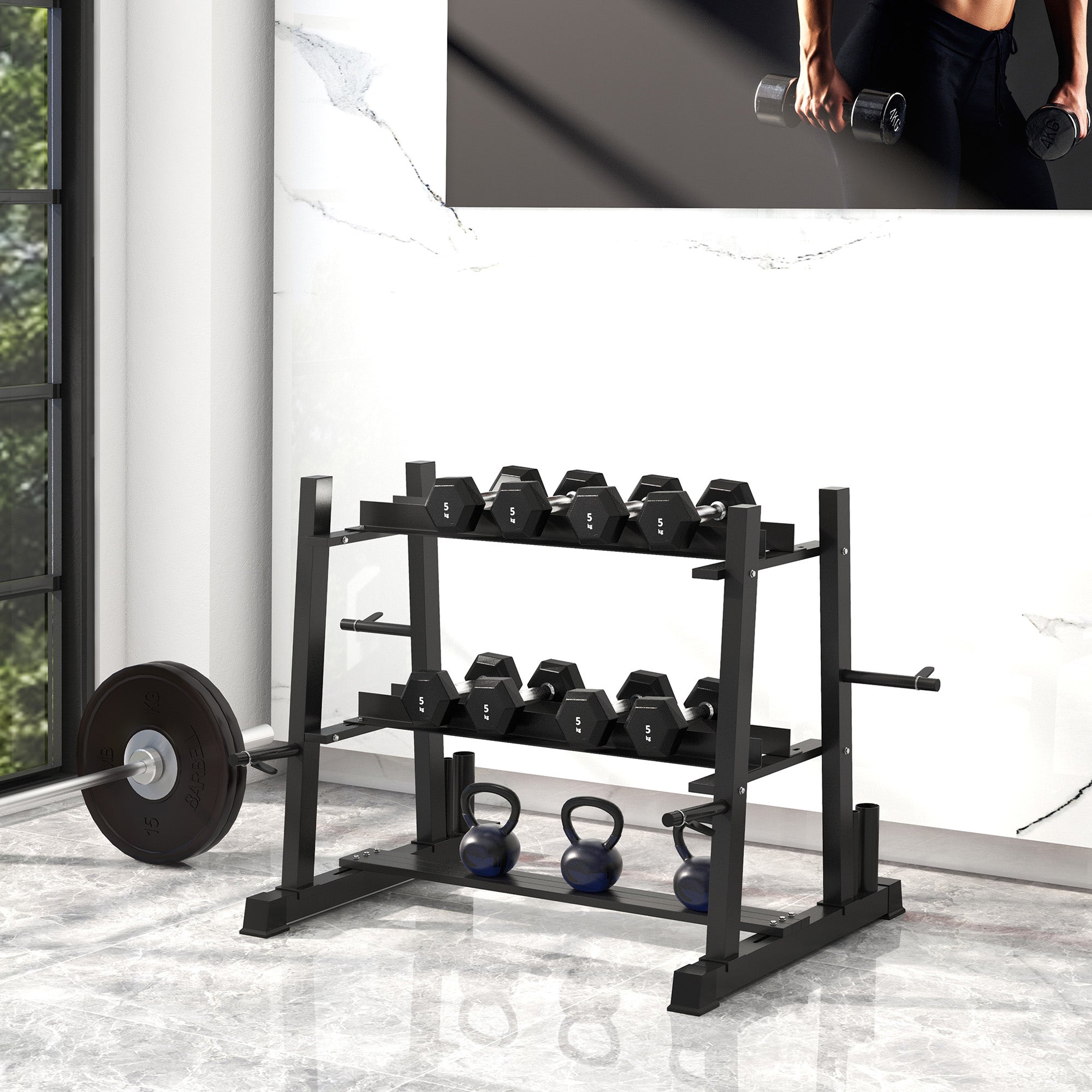 SPORTNOW 3-Tier Dumbbell Rack, Versatile Weight Rack with 4 Weight Rods for Dumbbells, Kettlebells and Plates (Rack Only) - North Peak Garden Furniture