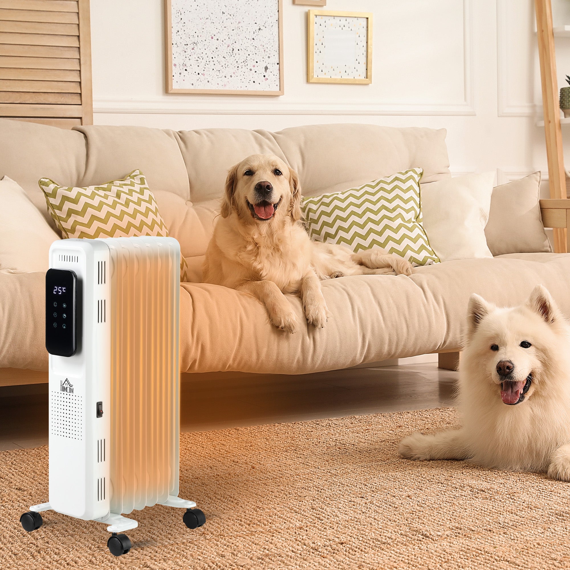 HOMCOM 1500W Oil Filled Radiator, 7 Fin Portable Electric Heater with LED Display, 24H Timer, 3 Heat Settings, Adjustable Thermostat, Safety Cut off, Remote Control, White - North Peak Garden Furniture