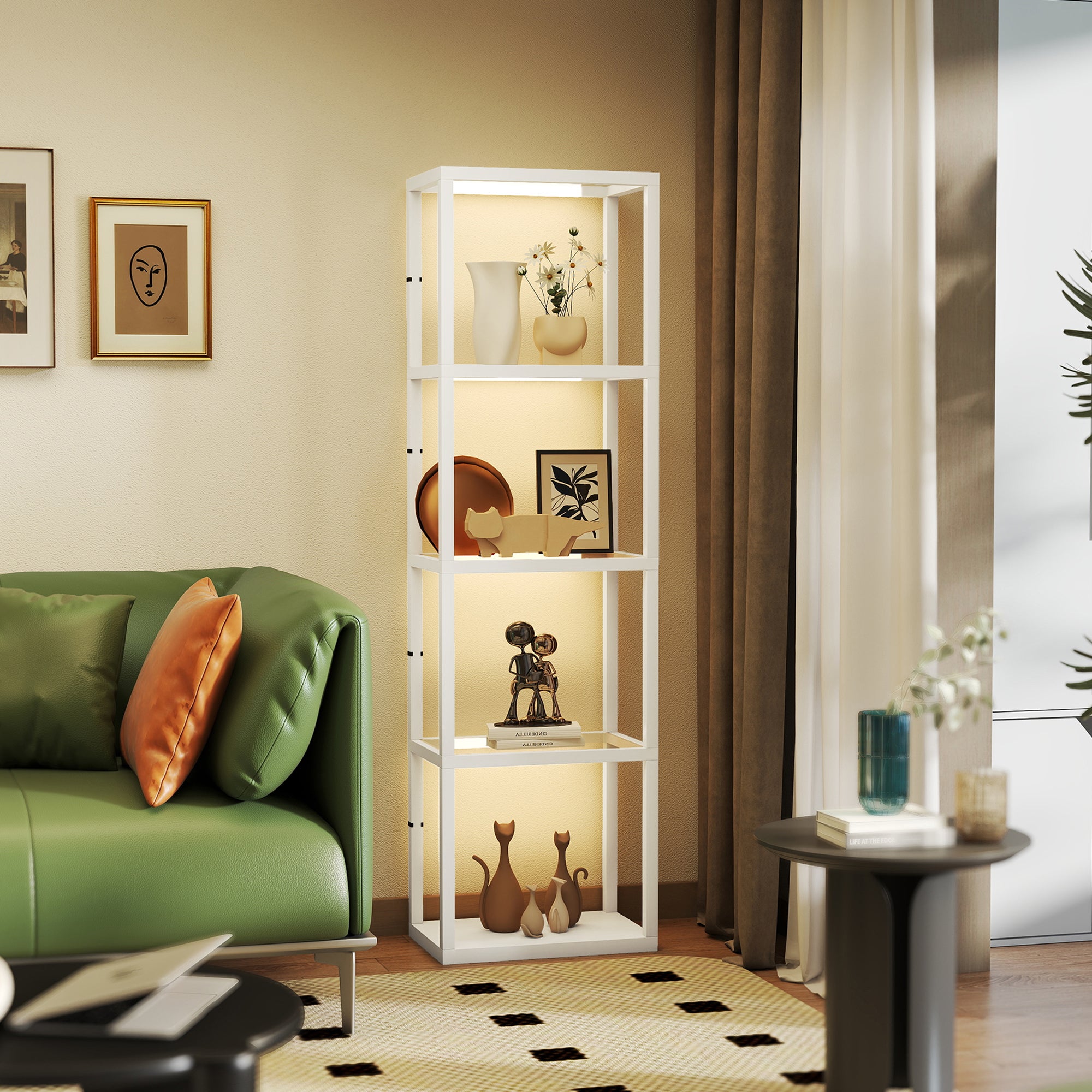 HOMCOM LED Floor Lamp with Glass Shelves, 4 Layers Dimmable Tall Standing Lamp, Modern Column Shelf Floor Light for Living Room, Bedroom, Office, White