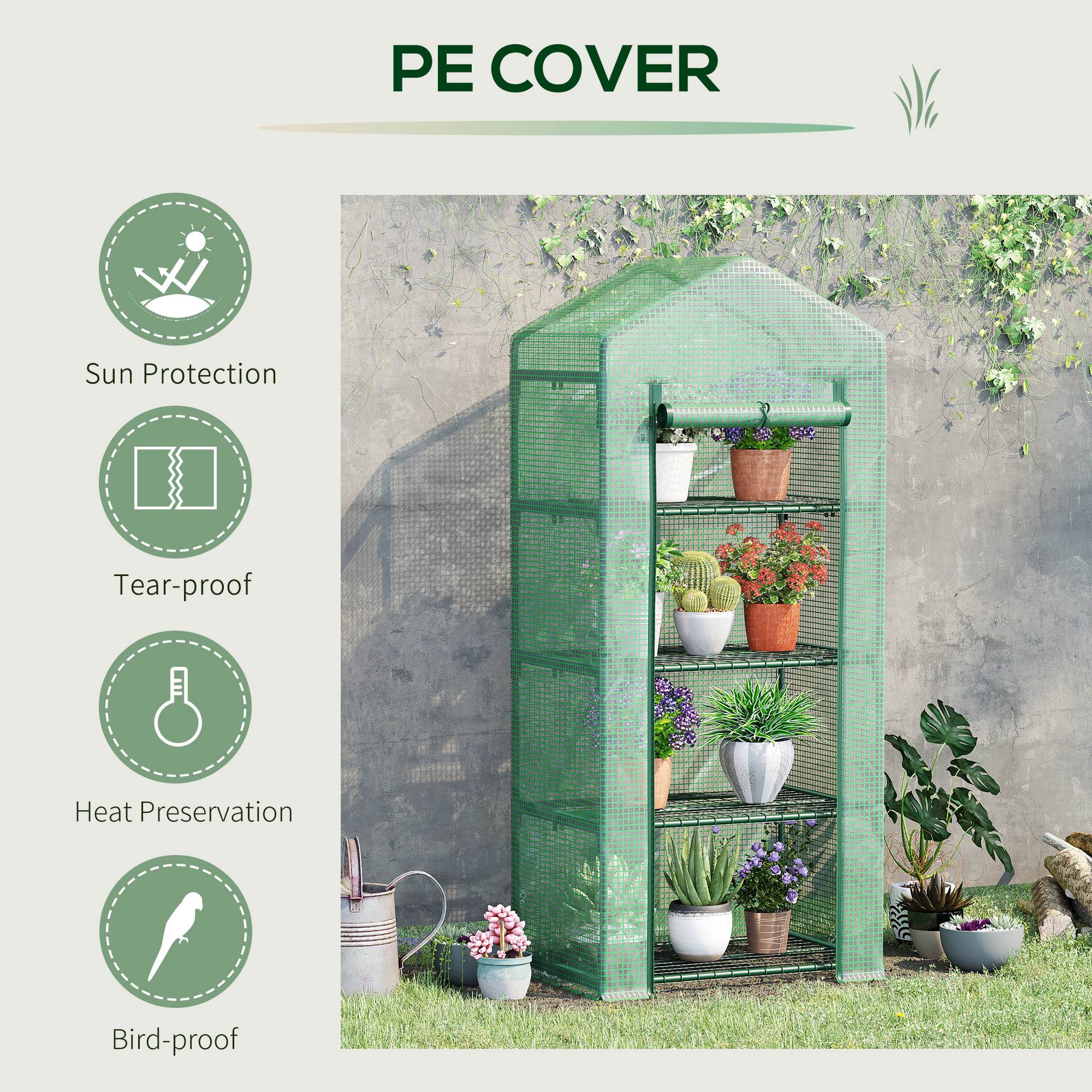 Outsunny 4 Tier Mini Greenhouse, Portable Compact Green House with Steel Frame, PE Cover, Roll-up Door, 70 x 50 x 160 cm, Green - North Peak Garden Furniture
