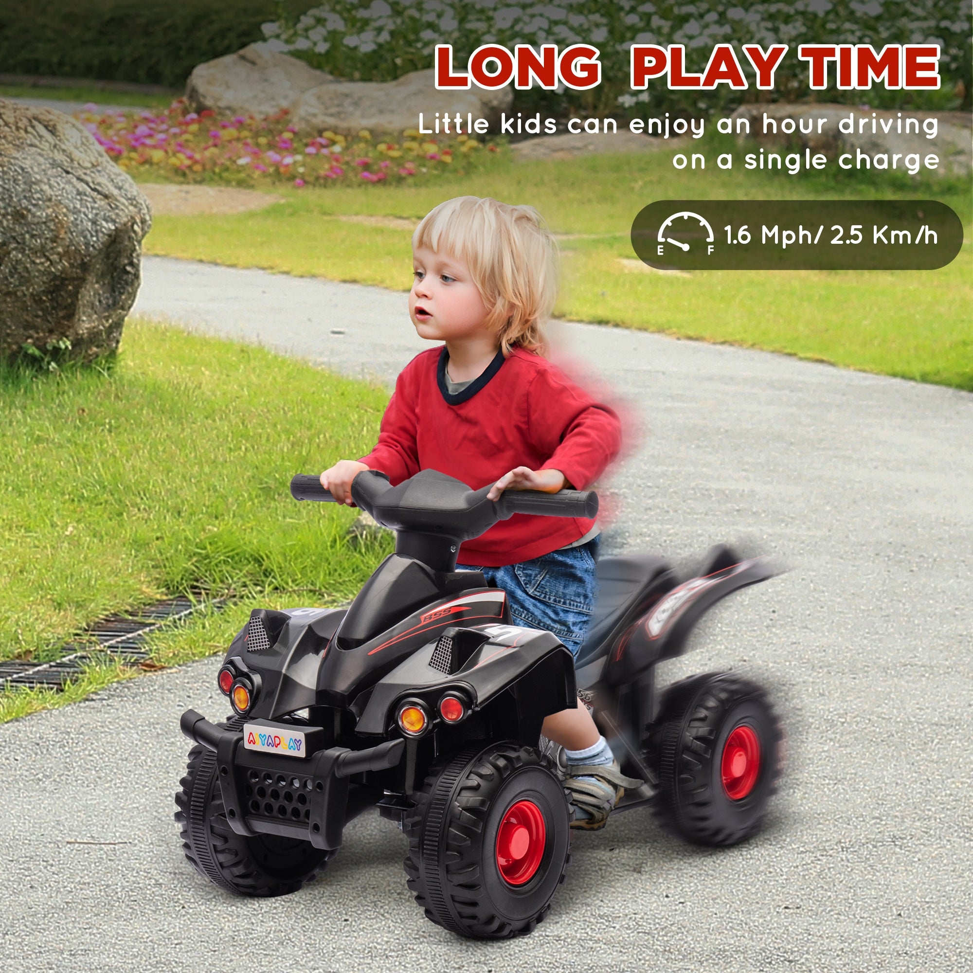 AIYAPLAY 6V Kids Electric Quad Bike w/ Music, Forward Function, for 2-6 Years, Black - North Peak Garden Furniture