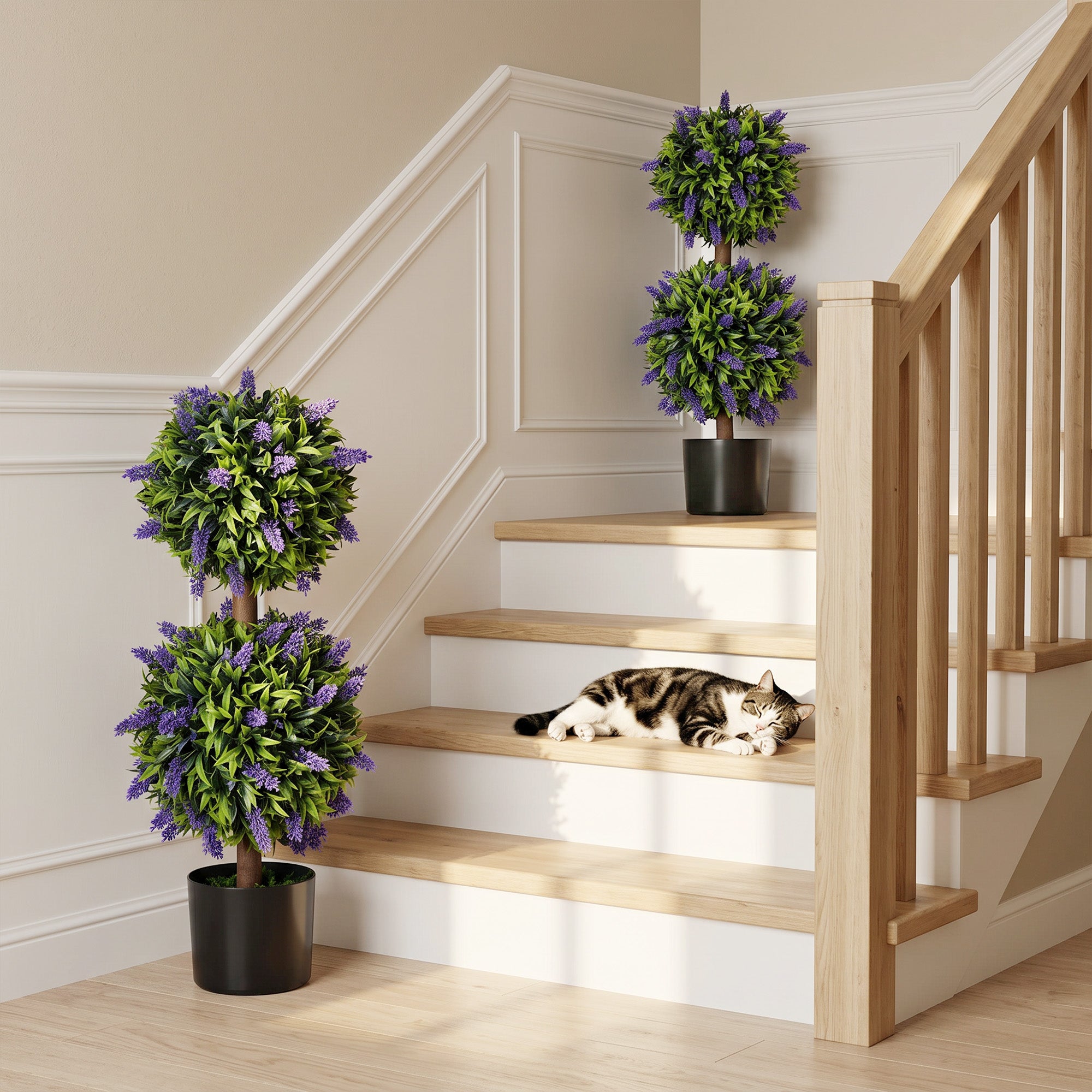 HOMCOM Set of 2 Artificial Plants, Lavender Flowers Ball Trees with Pot, for Home Indoor Outdoor Decor, 70cm