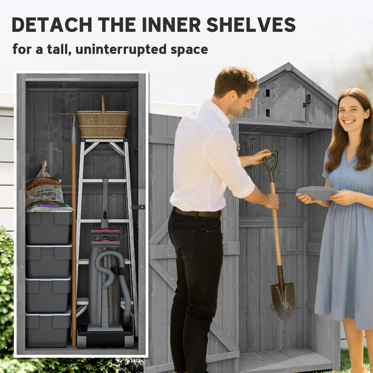 Outsunny Wooden Garden Shed, Utility Outdoor Small Shed with Lockable Double Doors, Shelves and Roof Hatch, Grey