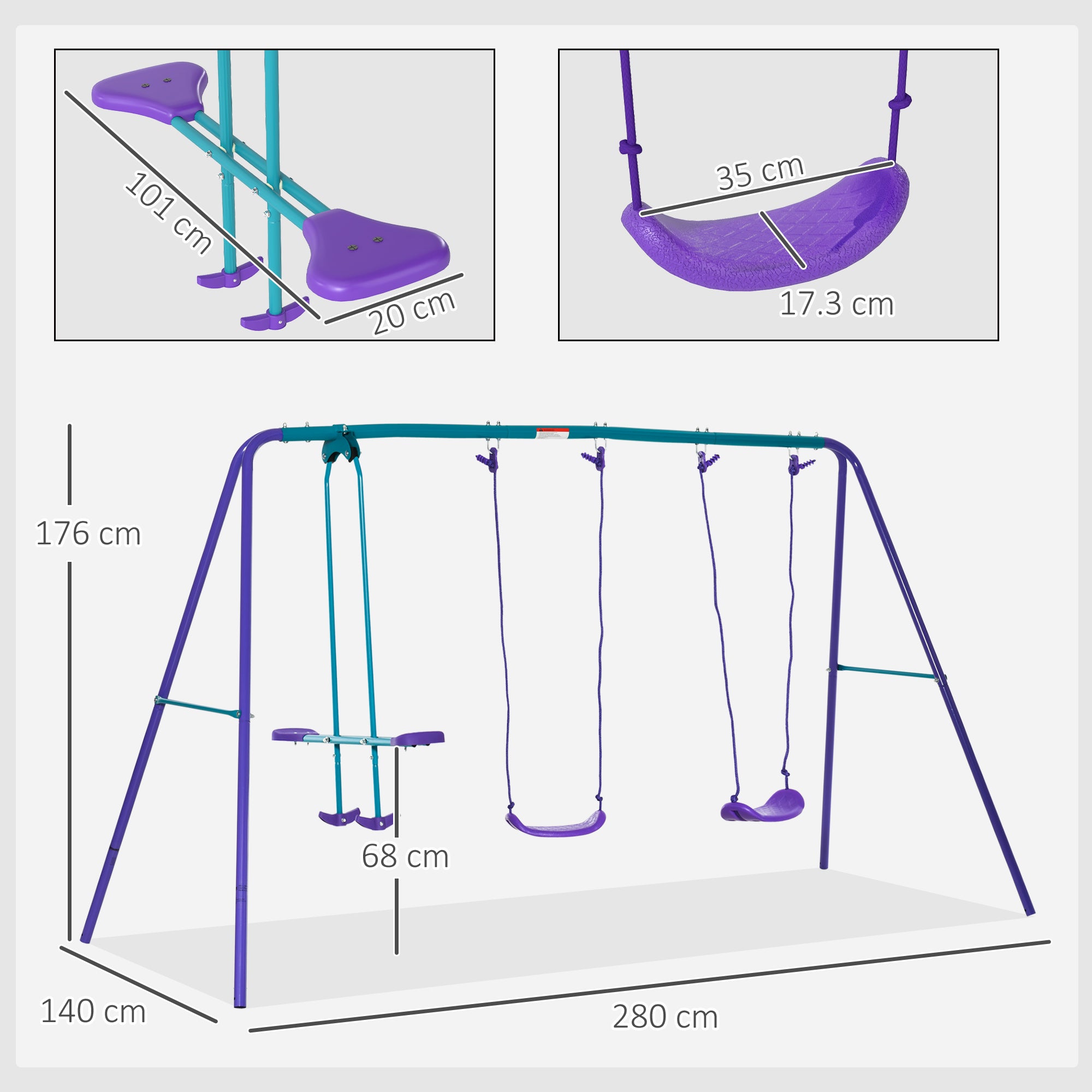 Outsunny Height Adjustable Metal Swing Set with Glider, Two Swing Seats and Adjustable Height, Outdoor Heavy Duty A-Frame - North Peak Garden Furniture