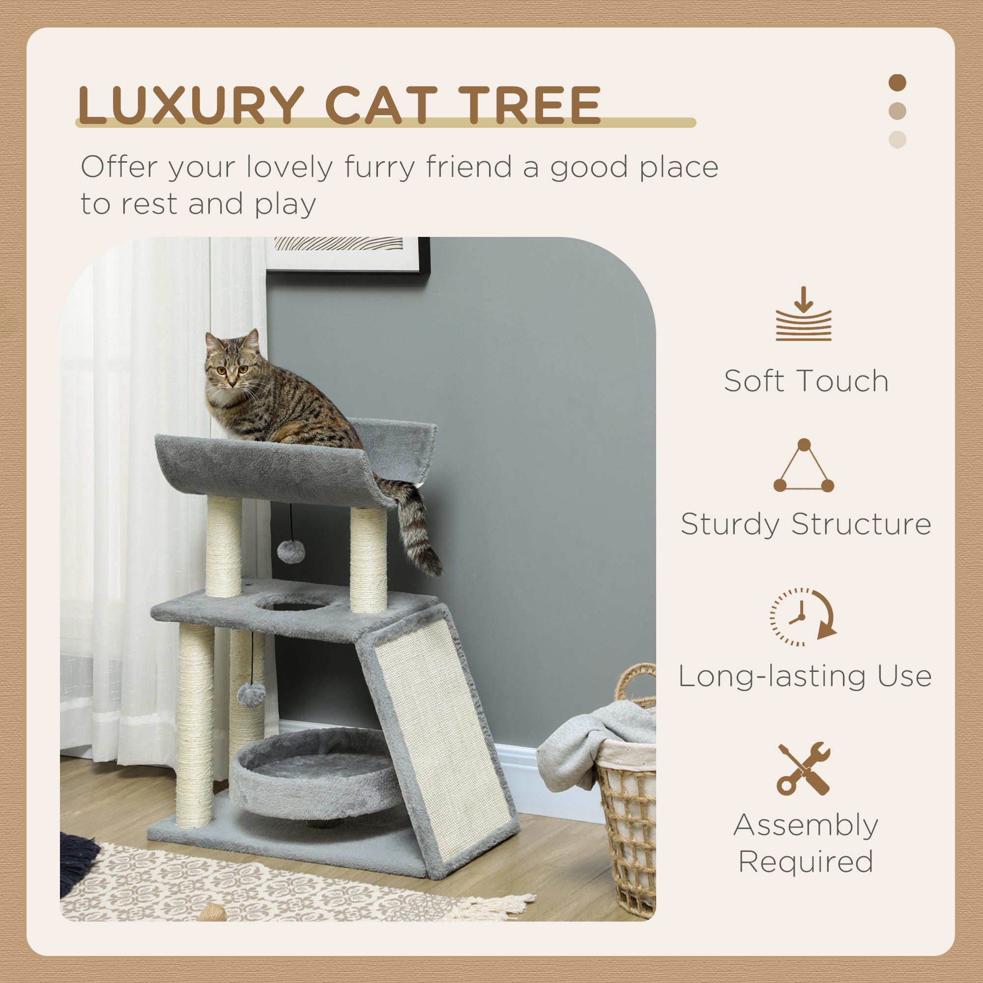 PawHut Cat Tree Tower, with Scratching Posts, Pad, Bed, Perch, Toy Ball - Light Grey - North Peak Garden Furniture