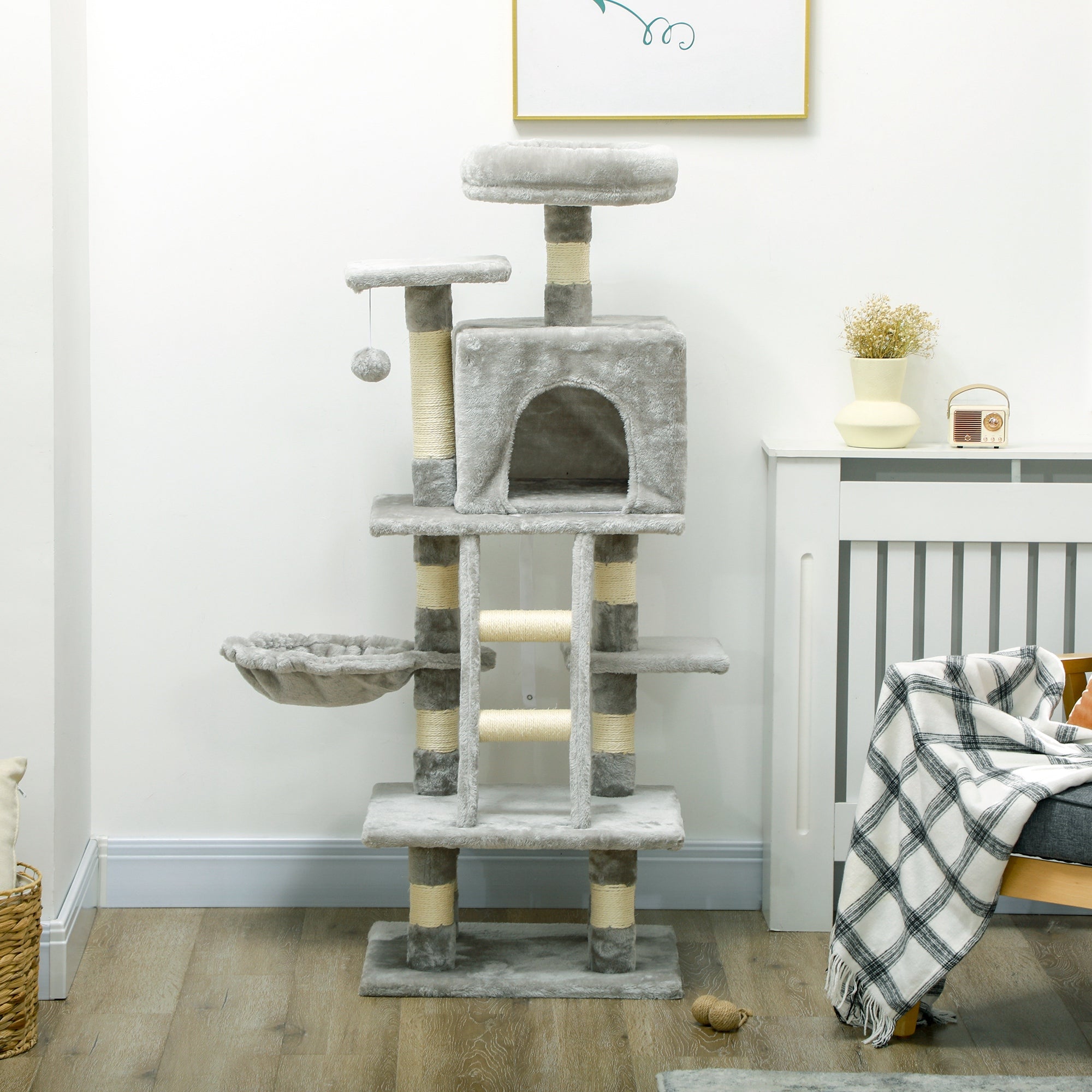 PawHut 132cm Cat Tree with Scratching Post, House, Hammock, Toy Balls - Grey - North Peak Garden Furniture