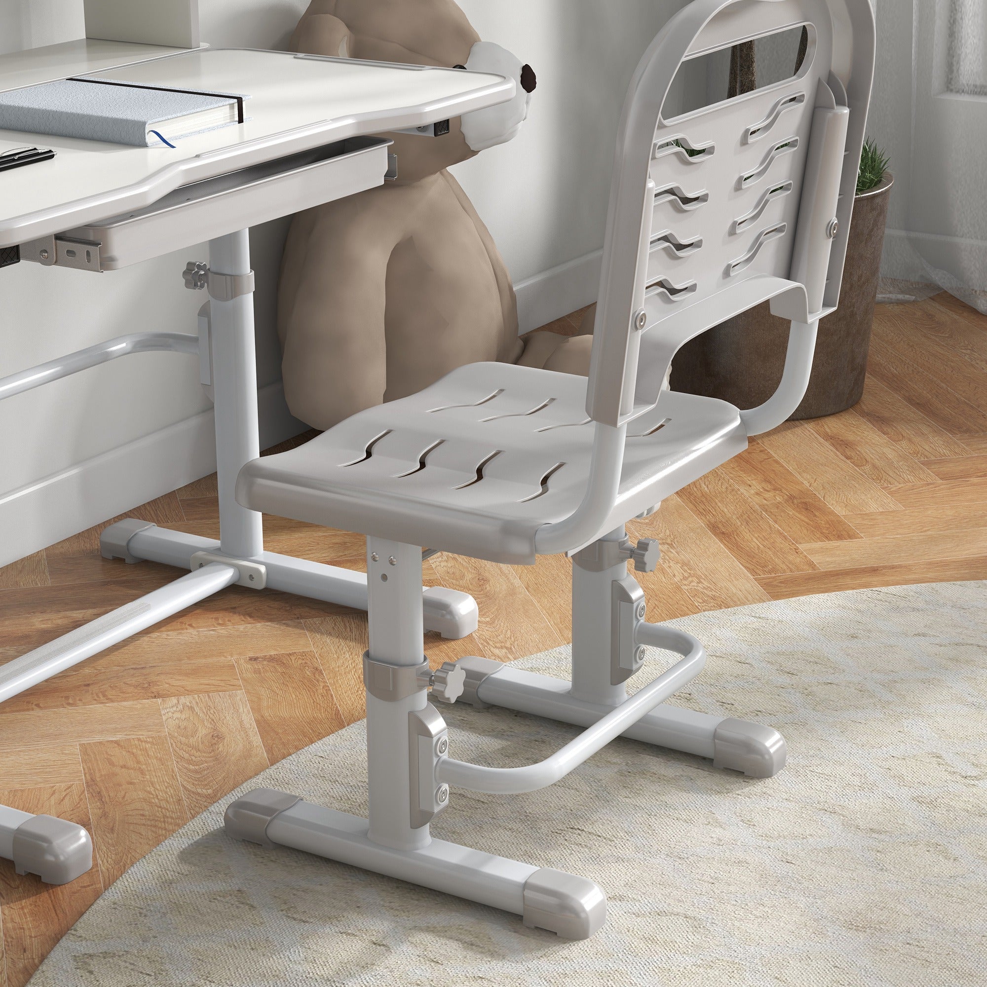 ZONEKIZ Height Adjustable Kids Study Table and Chair Set, with Drawer, Storage Shelf, 80 x 54.5 x 104 cm, Grey - North Peak Garden Furniture
