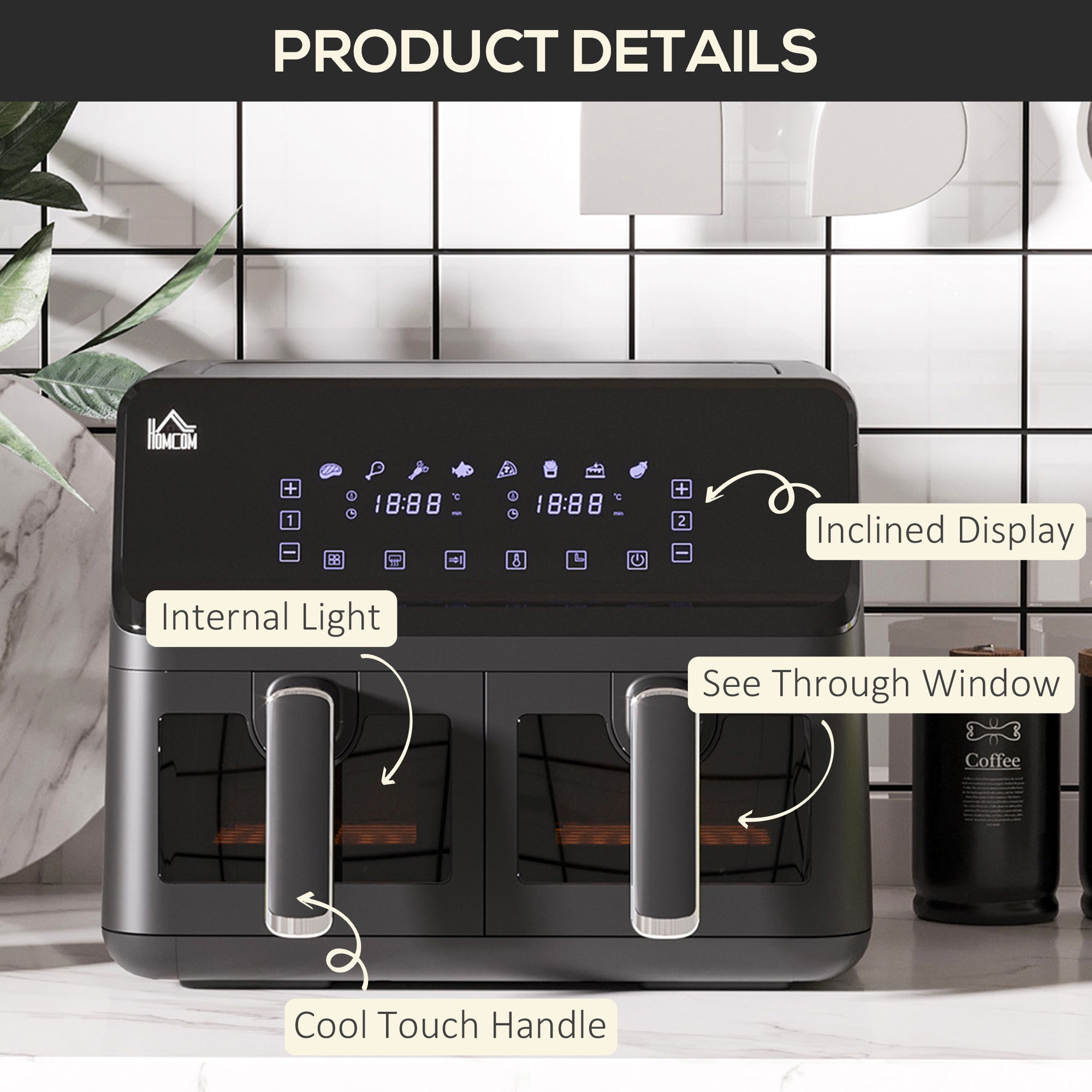 HOMCOM 8L Dual Basket Air Fryer, 8-in-1 Air Fryer Oven with Digital Display, Visible, Timer, Preheat for Oil Free Low Fat Cooking, 2500W, Sync Finish, Sliver - North Peak Garden Furniture