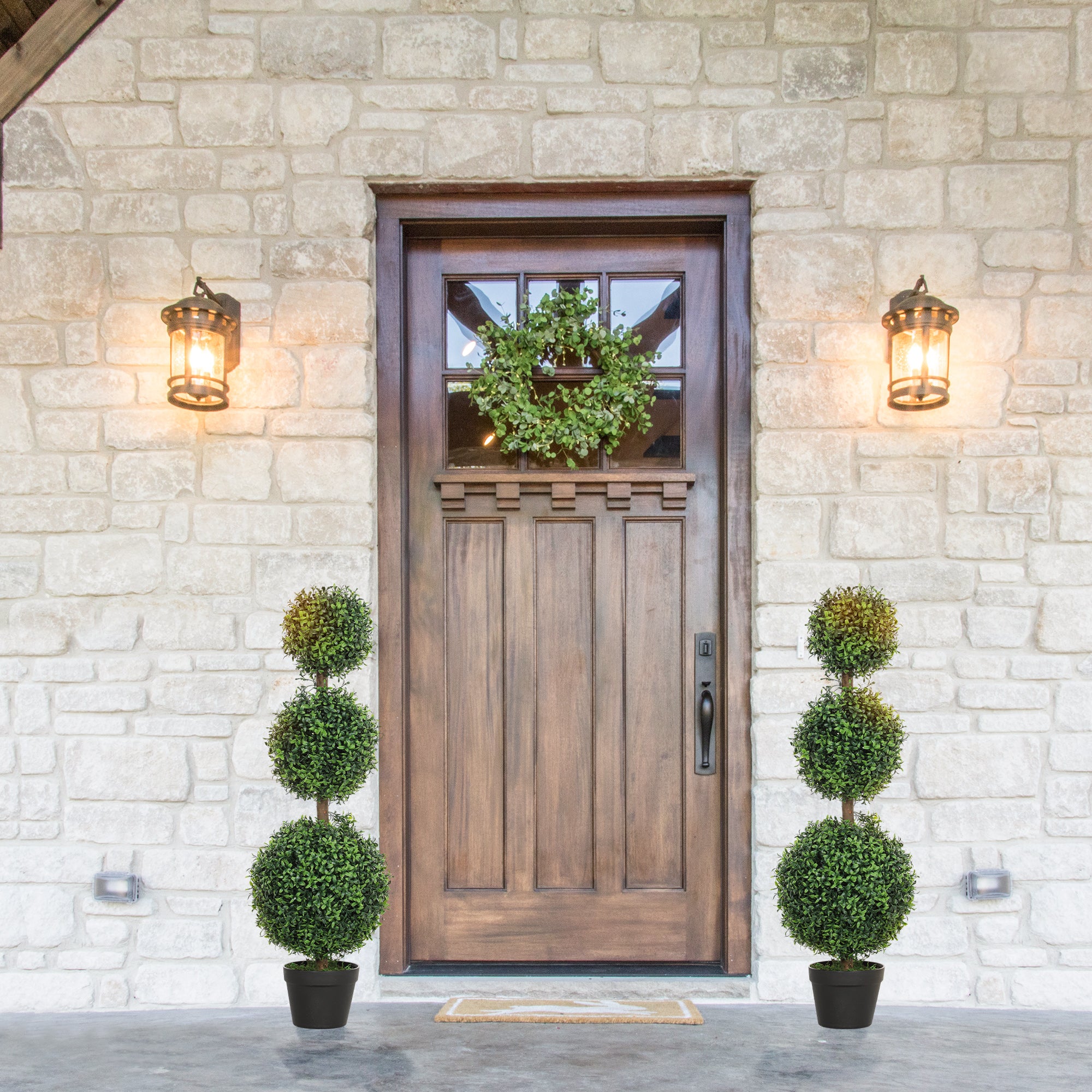 HOMCOM Set of 2 Decorative Artificial Plants, Topiary Ball-shaped Boxwood Trees in Pot, Fake Plants for Home Indoor outdoor Decor, 100cm, Green