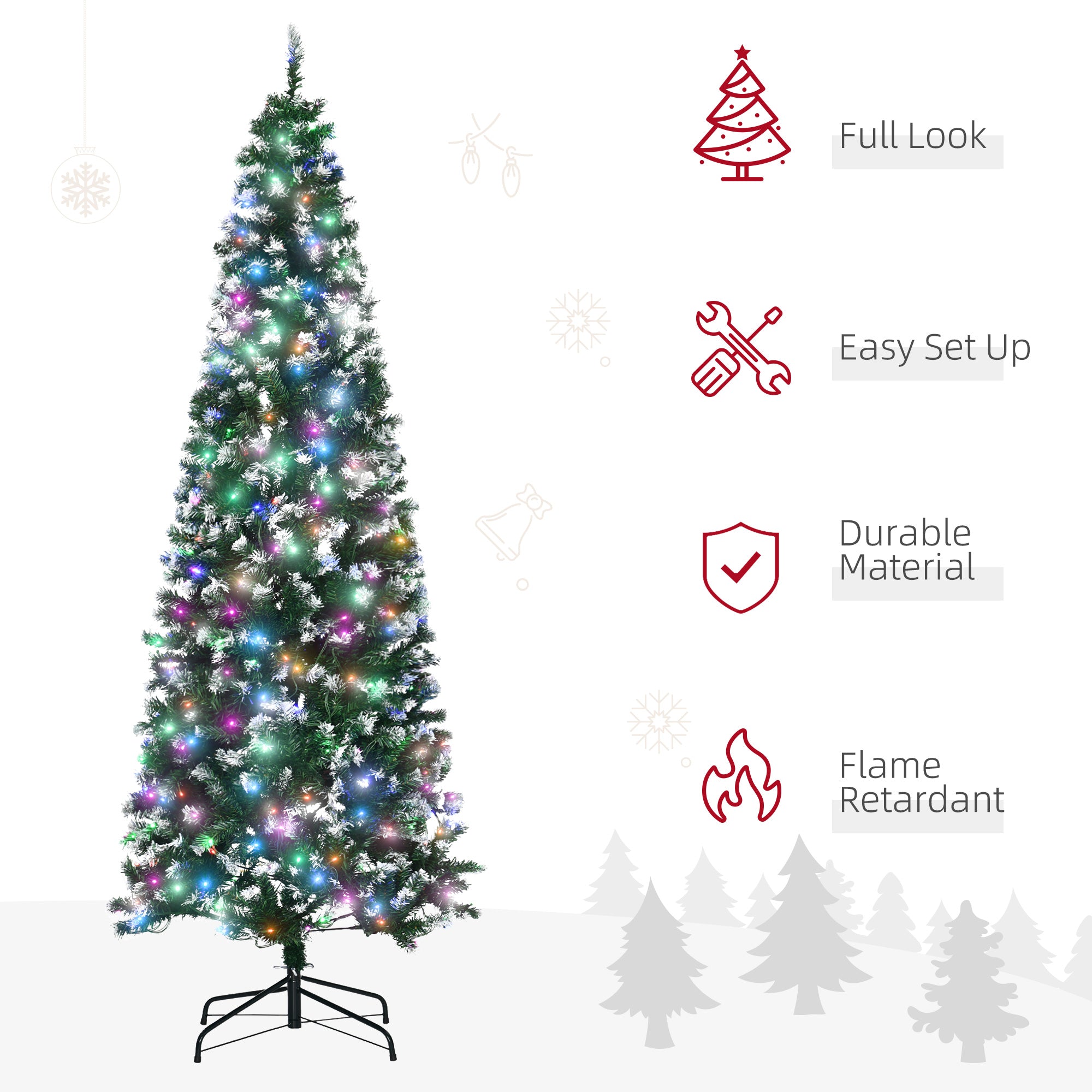 HOMCOM 7FT Tall Prelit Pencil Slim Artificial Christmas Tree with Realistic Branches, 350 Colourful LED Lights and 818 Tips, Xmas Decoration, Green - North Peak Garden Furniture
