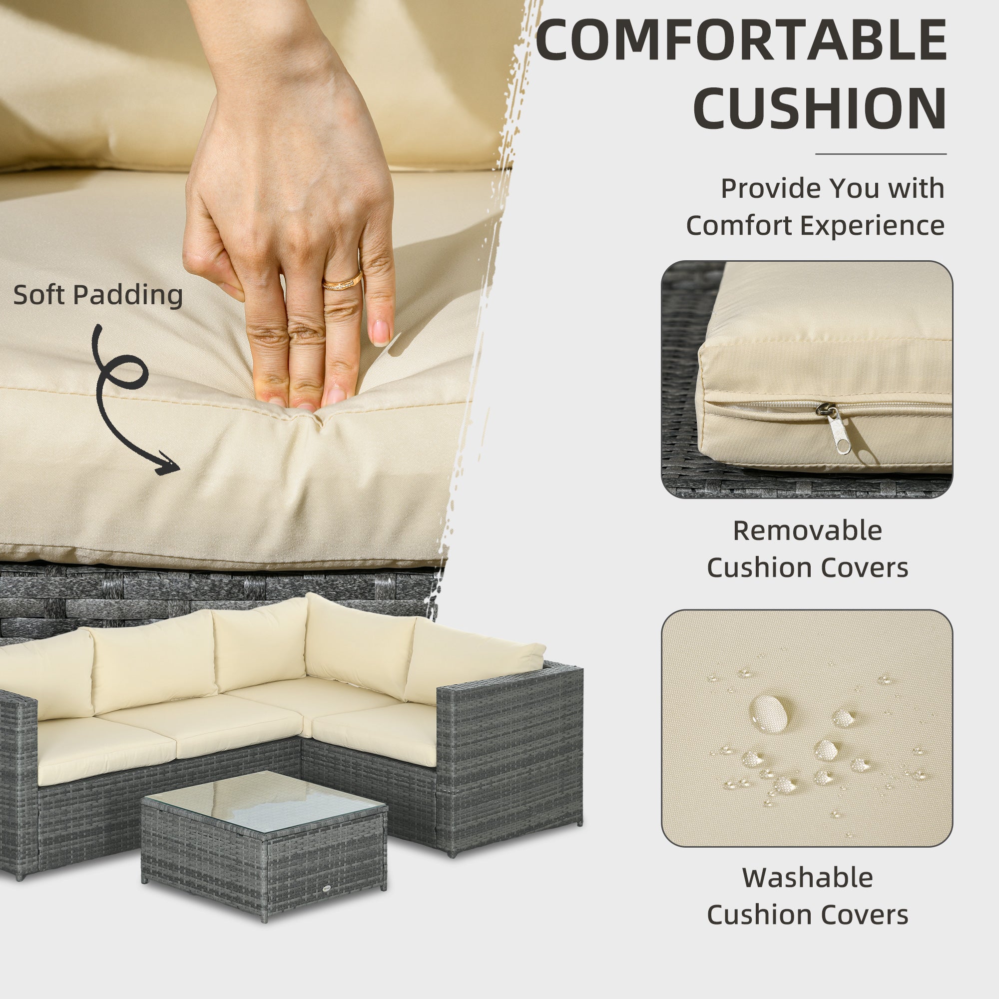 Outsunny 3 Pieces PE Rattan Garden Furniture Set with 10cm Thick Cushions, 4 Seater Outdoor Patio Corner Sofa Set with Glass Top Coffee Table, Beige - North Peak Garden Furniture