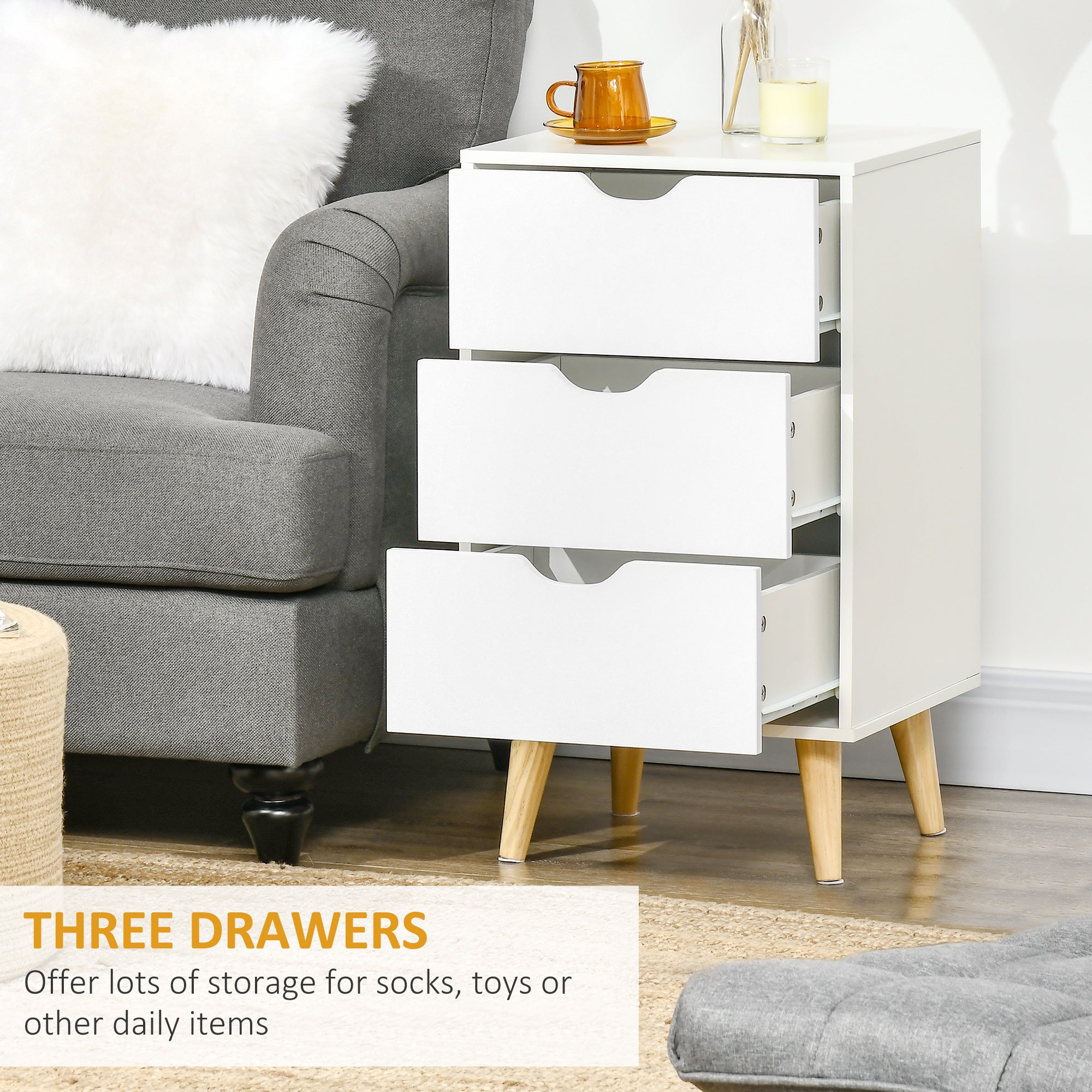 HOMCOM Bedside Table, Bedside Cabinet with 3 Drawers, Small Side Table with Wood Legs and Cut-out Handles for Bedroom, White - North Peak Garden Furniture