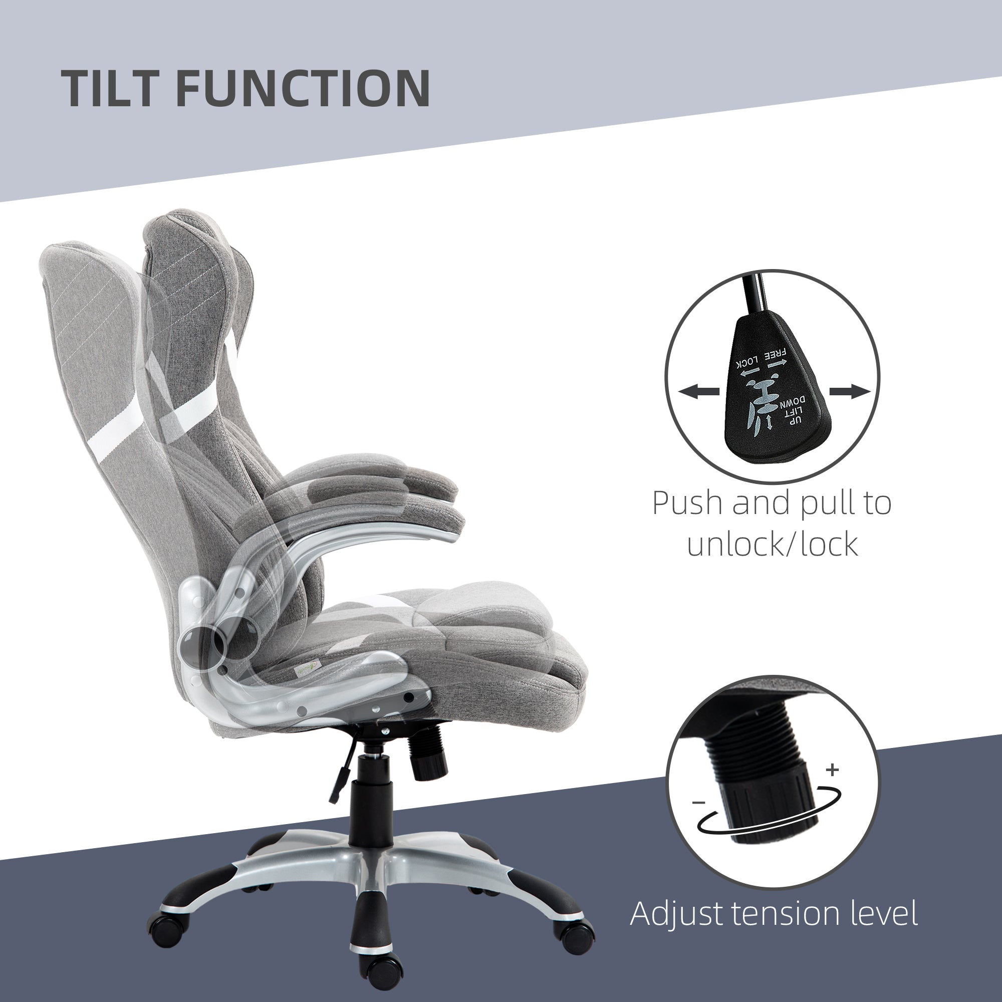 Vinsetto Linen-Look Office Chair, with Adjustable Height and Tension - Grey - North Peak Garden Furniture