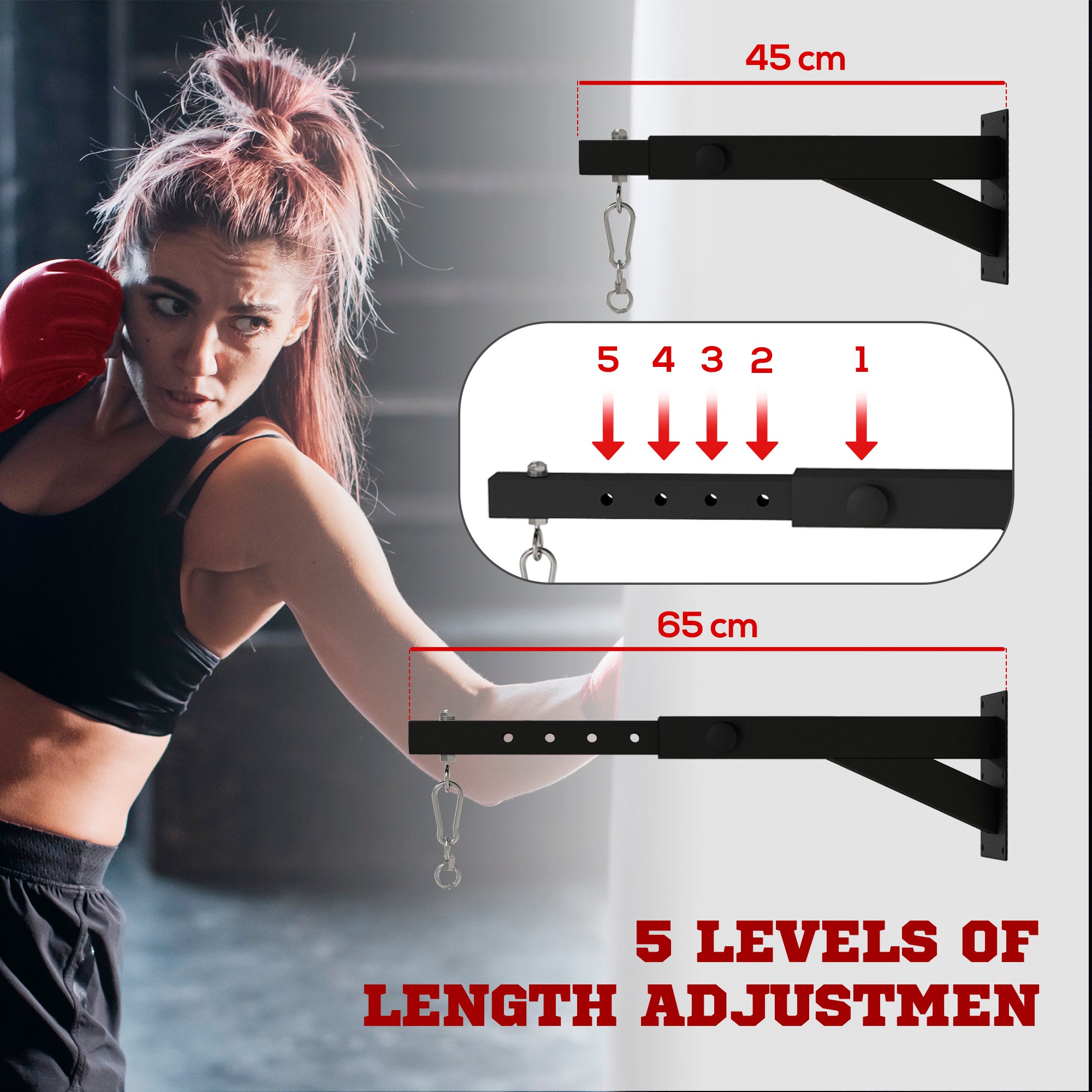 SPORTNOW Punch Bag Wall Bracket, 5-Length Adjustable Boxing Bag Bracket for Kickboxing, Muay Thai, Punching Training - North Peak Garden Furniture