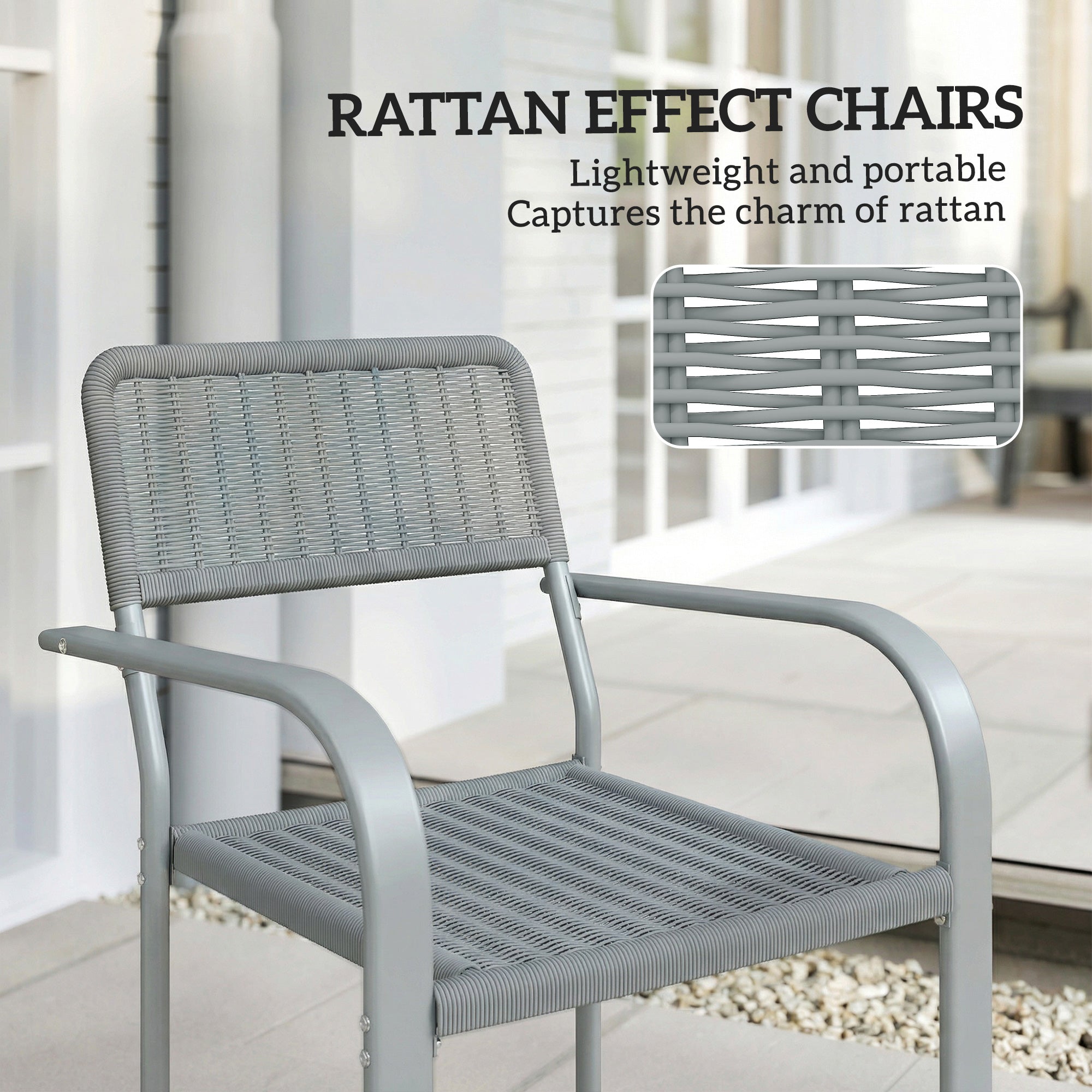 Outsunny Stackable Garden Chairs Set of 4, Rattan Effect Outdoor Dining Chairs, Light Grey