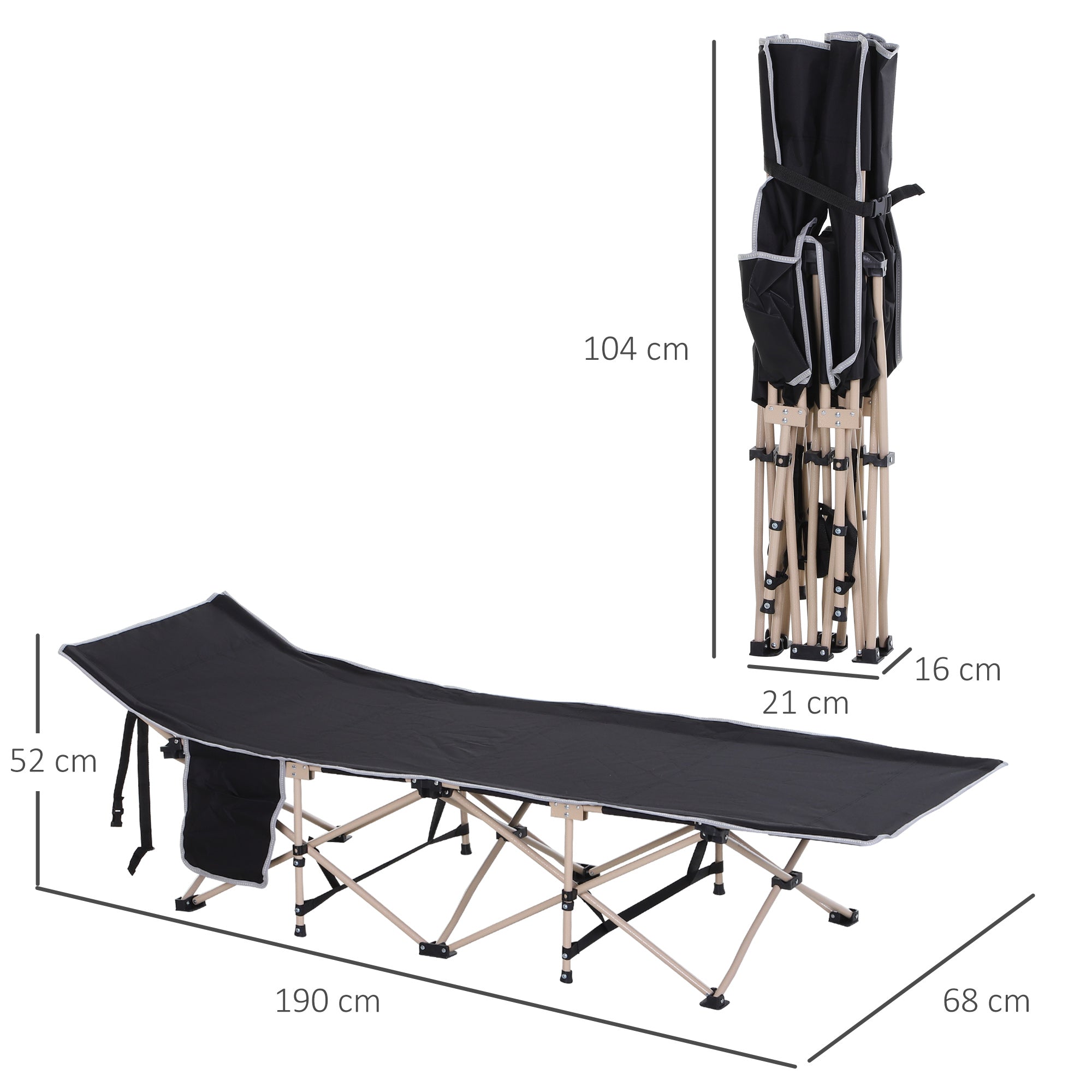 Outsunny Single Person Camping Bed Folding Cot Outdoor Patio Portable Military Sleeping Bed Travel Guest Leisure Fishing with Side Pocket and Carry Bag - Black - North Peak Garden Furniture