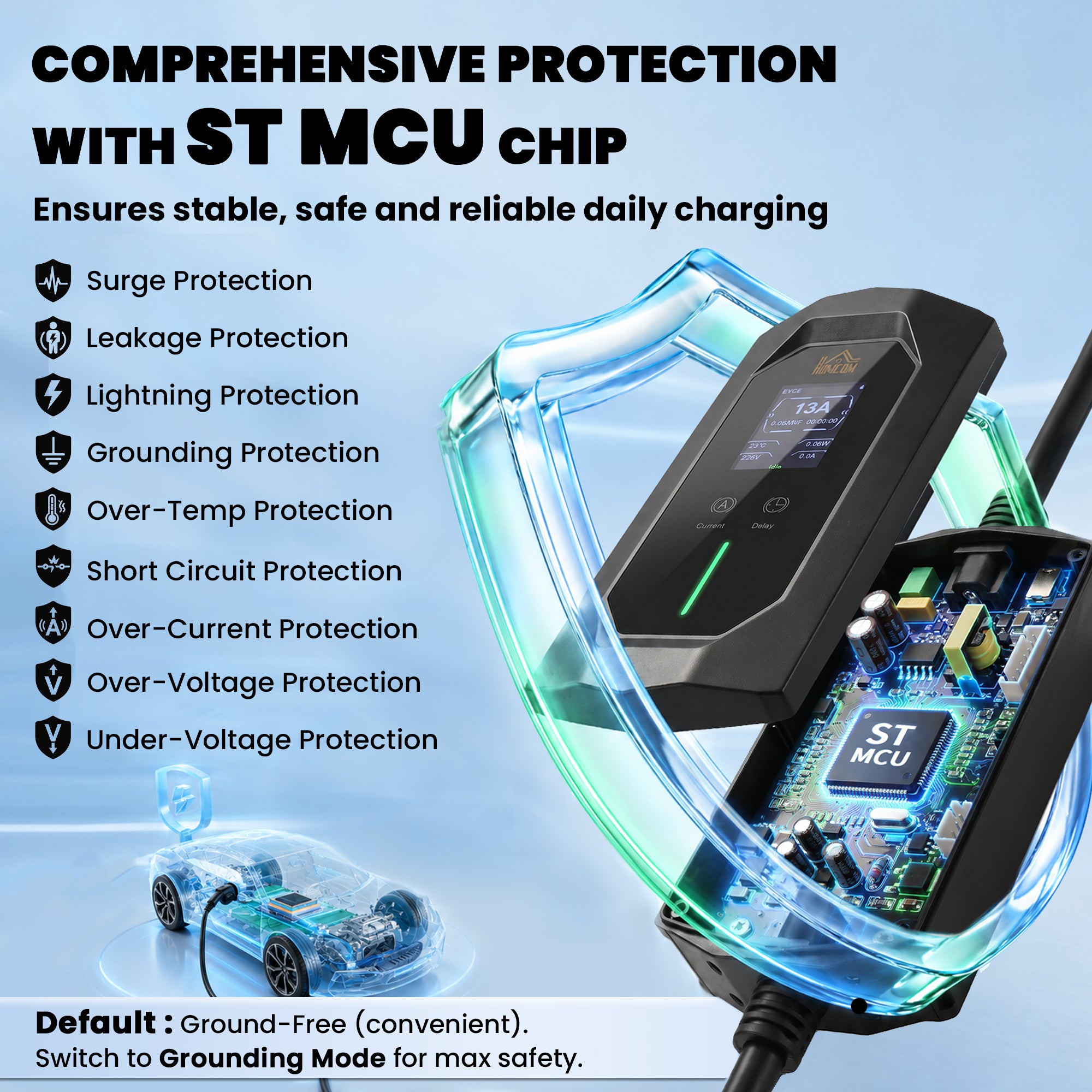 HOMCOM EV Charger Type 2 to 3 Pin Plug, 10 m, 2.8 kW, 6-13 A, Electric Car Charger Type 2 Charging Cable w/ 1-12 h Time Delay