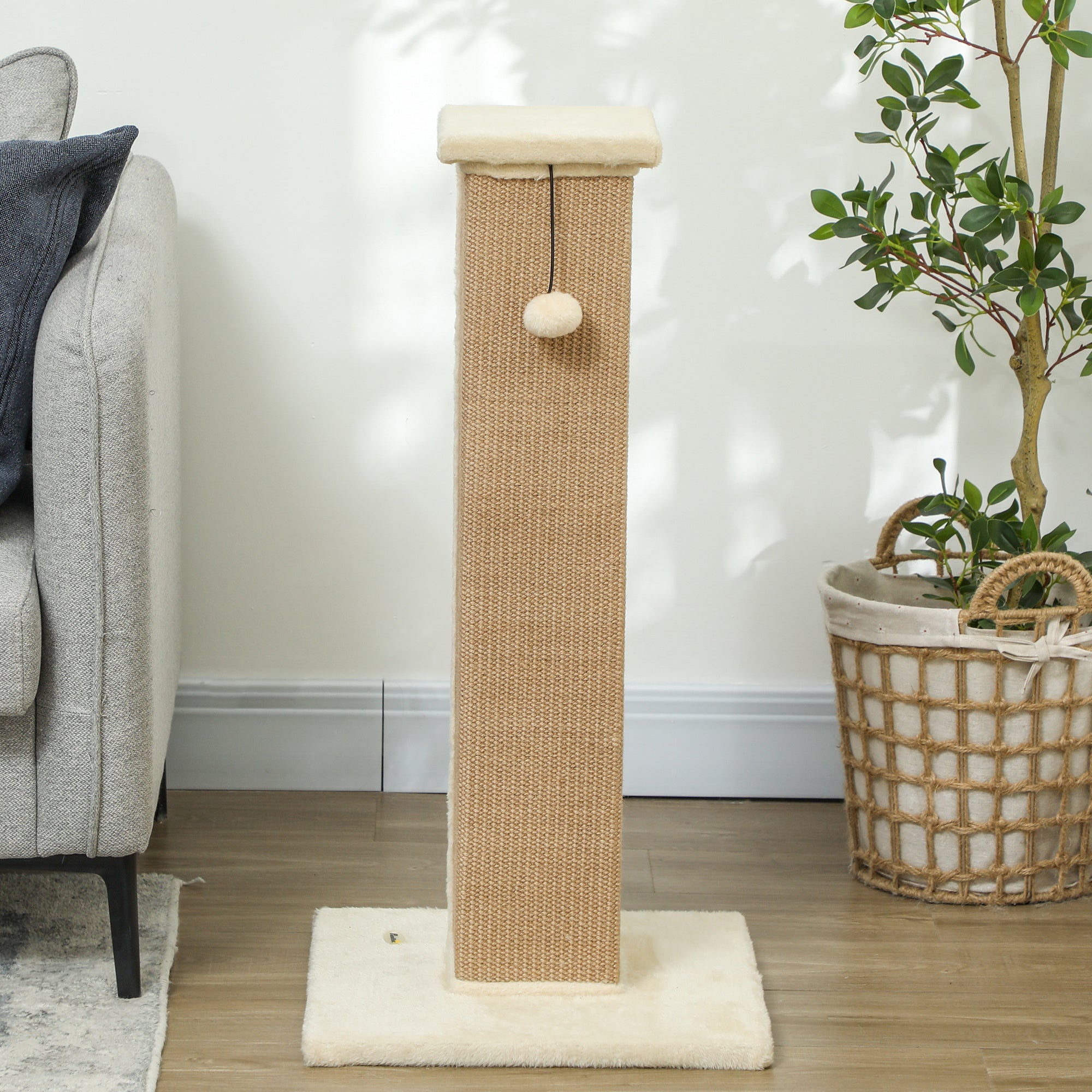 PawHut 81cm Cat Scratcher, Vertical Full Scratcher w/ Natural Jute Rope, Hanging Ball, Soft Plush - Beige - North Peak Garden Furniture