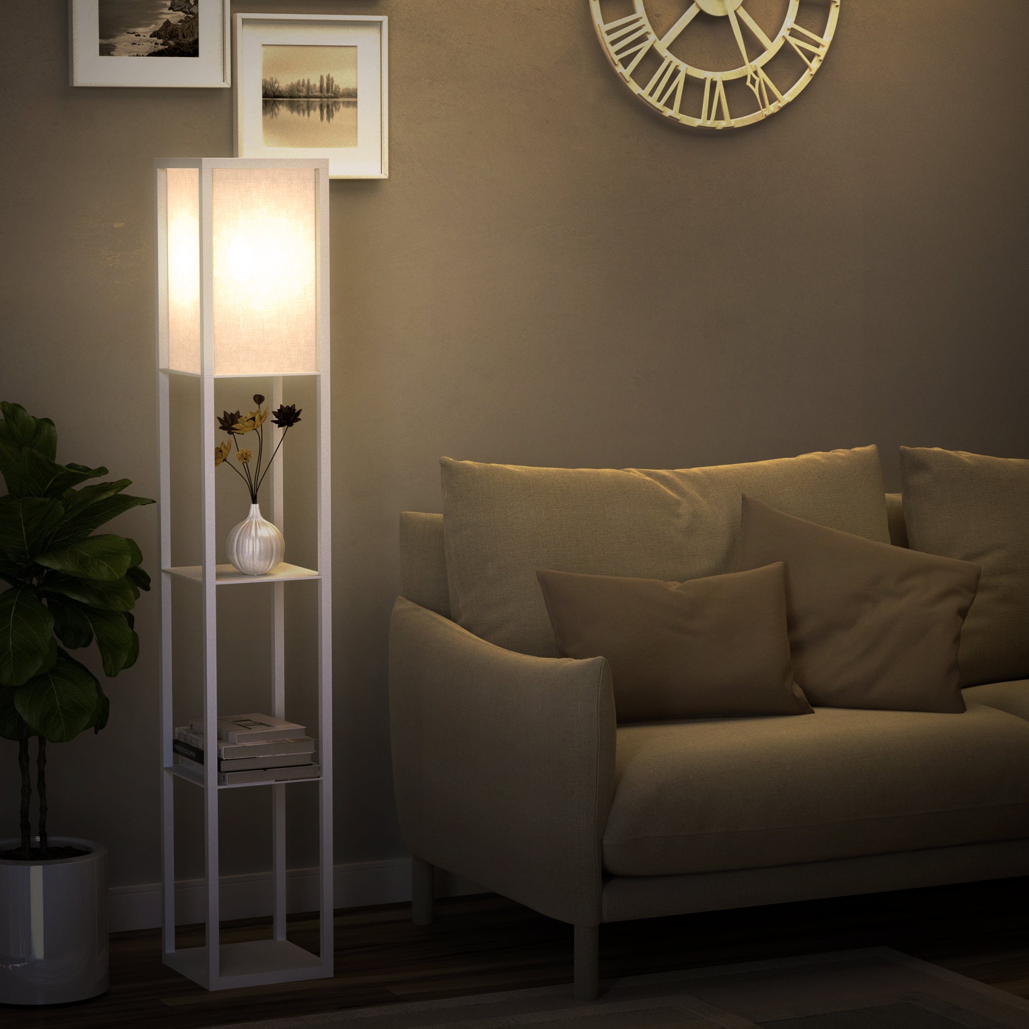 HOMCOM 3-Tier Floor Lamp, Floor Light with Storage Shelf, Reading Standing Lamp for Living Room, Bedroom, Kitchen, Dining Room, Office, Dorm, 160cm, White - North Peak Garden Furniture