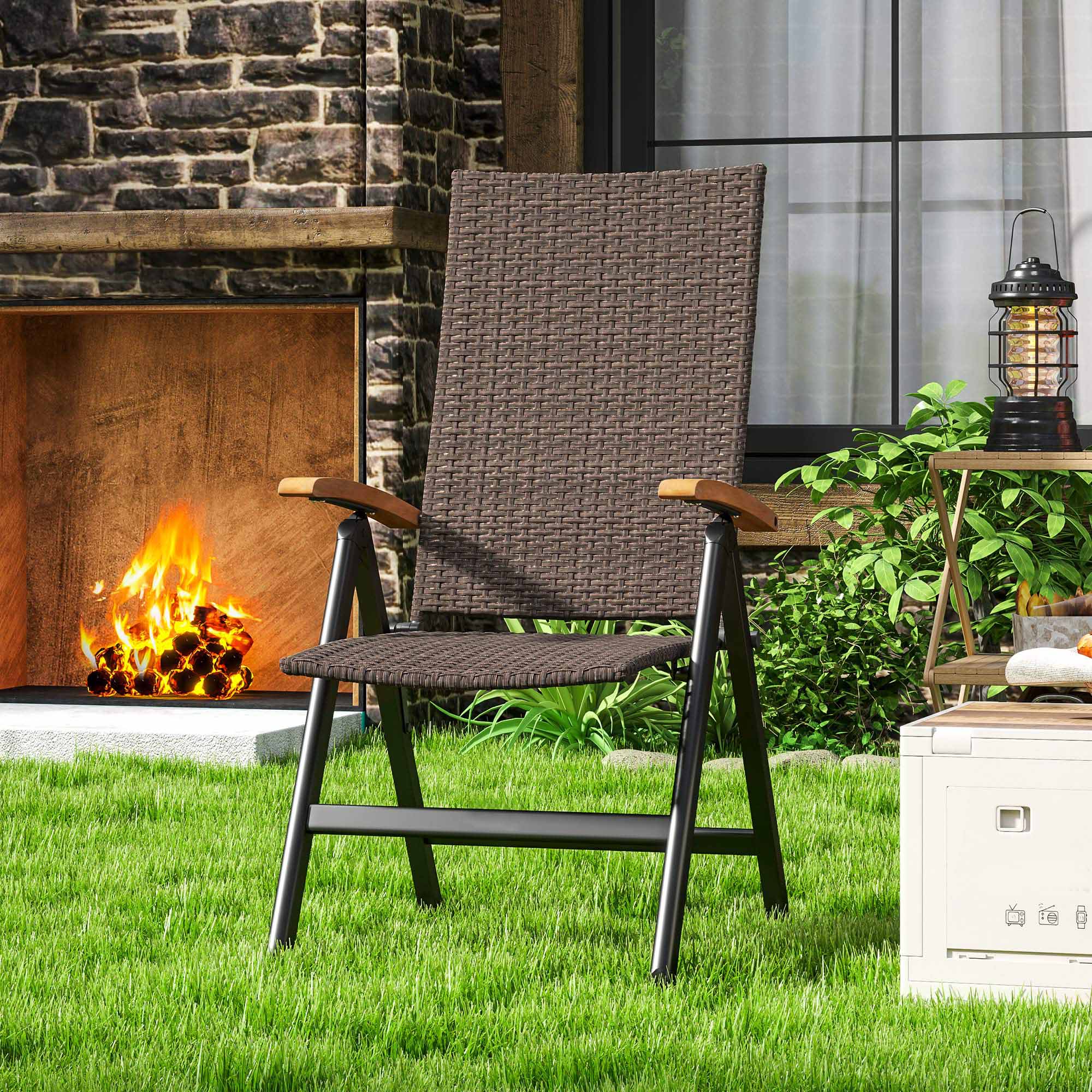 Outsunny Outdoor Folding Rattan Chair with Armrests, High Backrest, for Garden, Camping, Balcony, Porch - Brown - North Peak Garden Furniture
