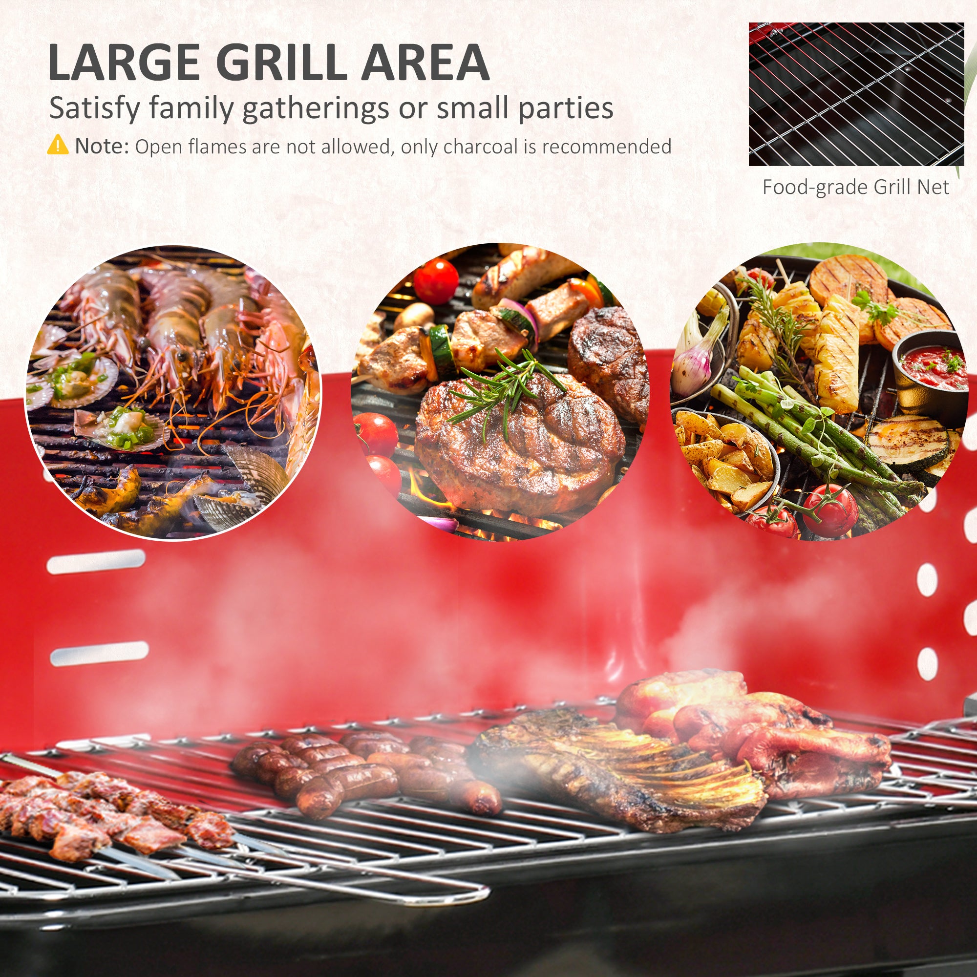 Outsunny Charcoal Trolley BBQ Barbecue Grill Patio Camping Picnic Garden Party Outdoor Cooking with Windshield, Wheels Side Trays, Black/Red - North Peak Garden Furniture