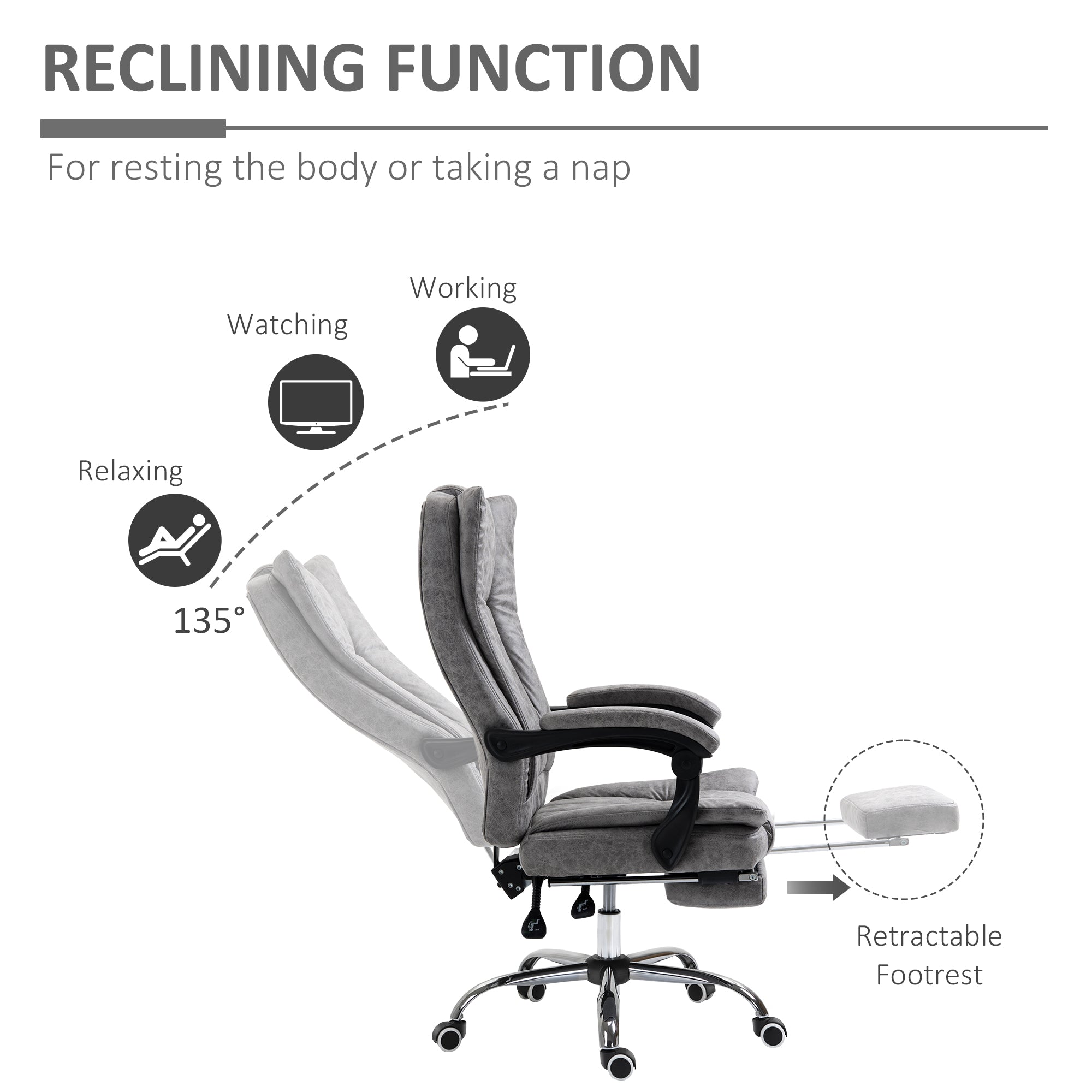 Vinsetto Home Office Chair Microfibre Desk Chair with Reclining Function Armrests Swivel Wheels Footrest Grey - North Peak Garden Furniture