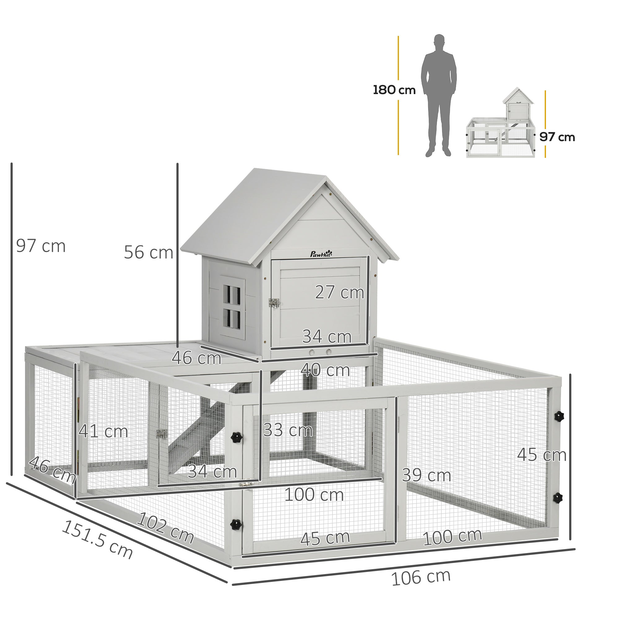 PawHut Indoor Rabbit Hutch, Guinea Pig Cage, with Slide-Out Tray, Large Fenced Area - Light Grey - North Peak Garden Furniture