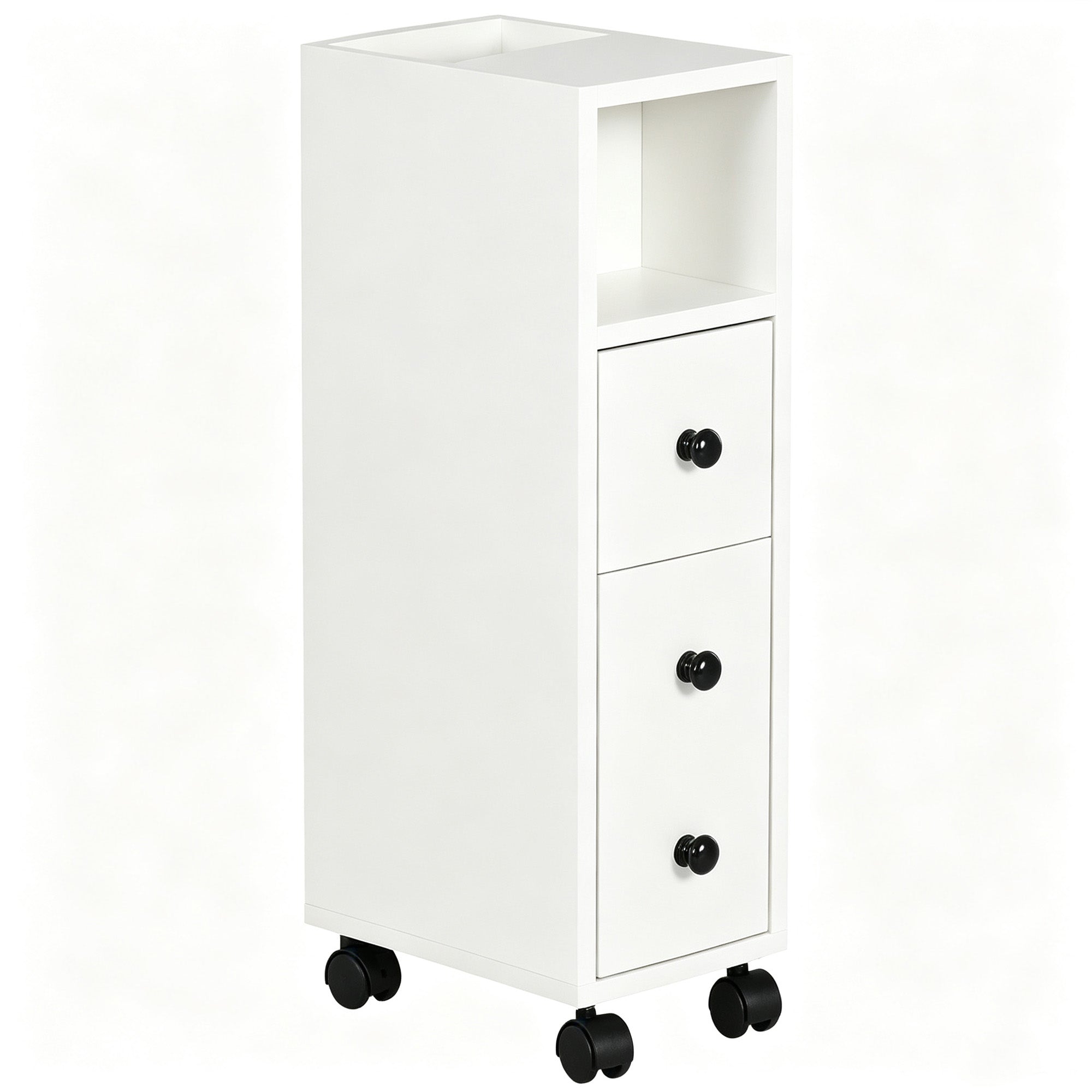 kleankin Slimline Bathroom Storage Unit w/ 2 Drawers 2 Open Compartments Wheels Handles Freestanding Compact Home Office Furniture White