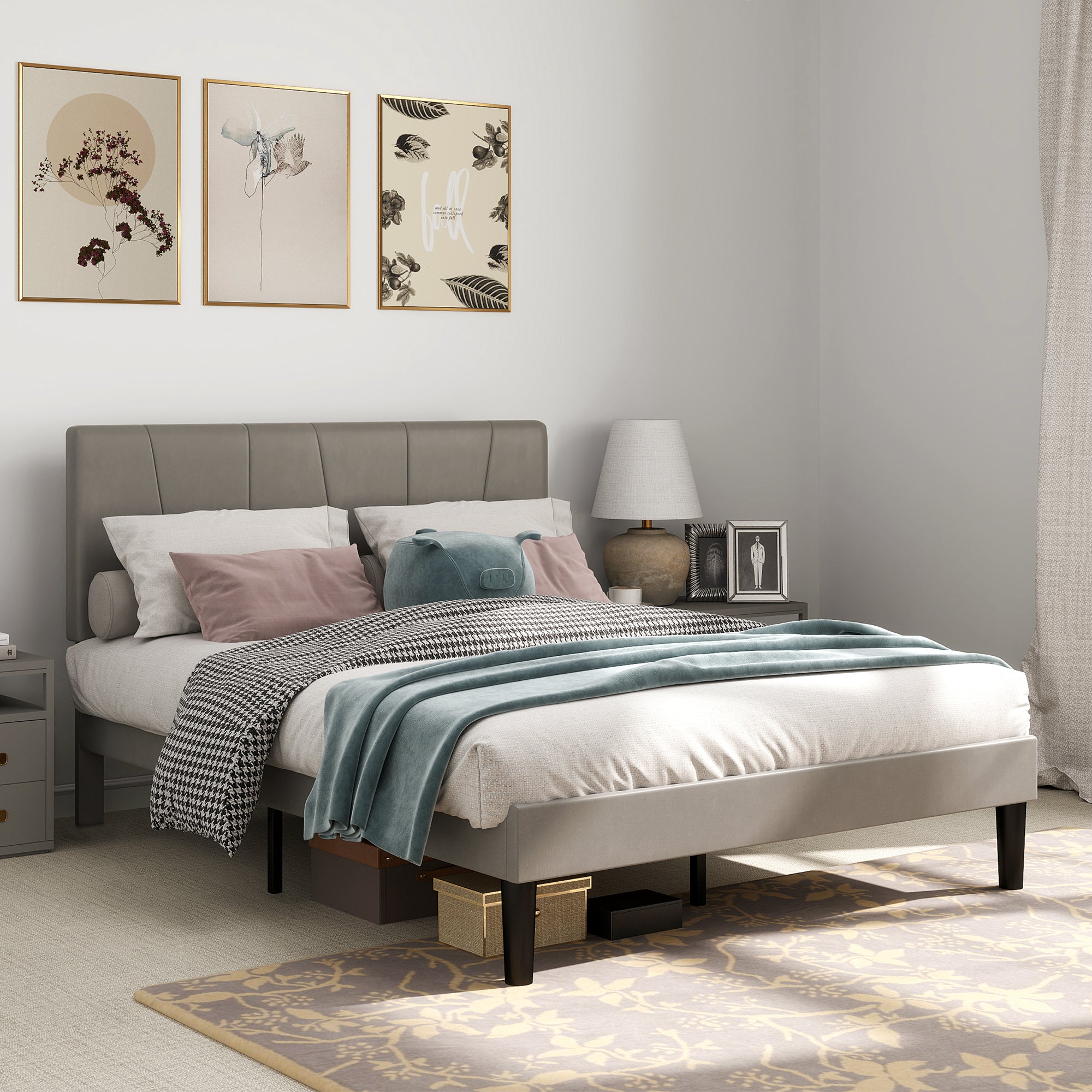 HOMCOM King Velvet-Feel Headboard Bed Frame - Grey - North Peak Garden Furniture